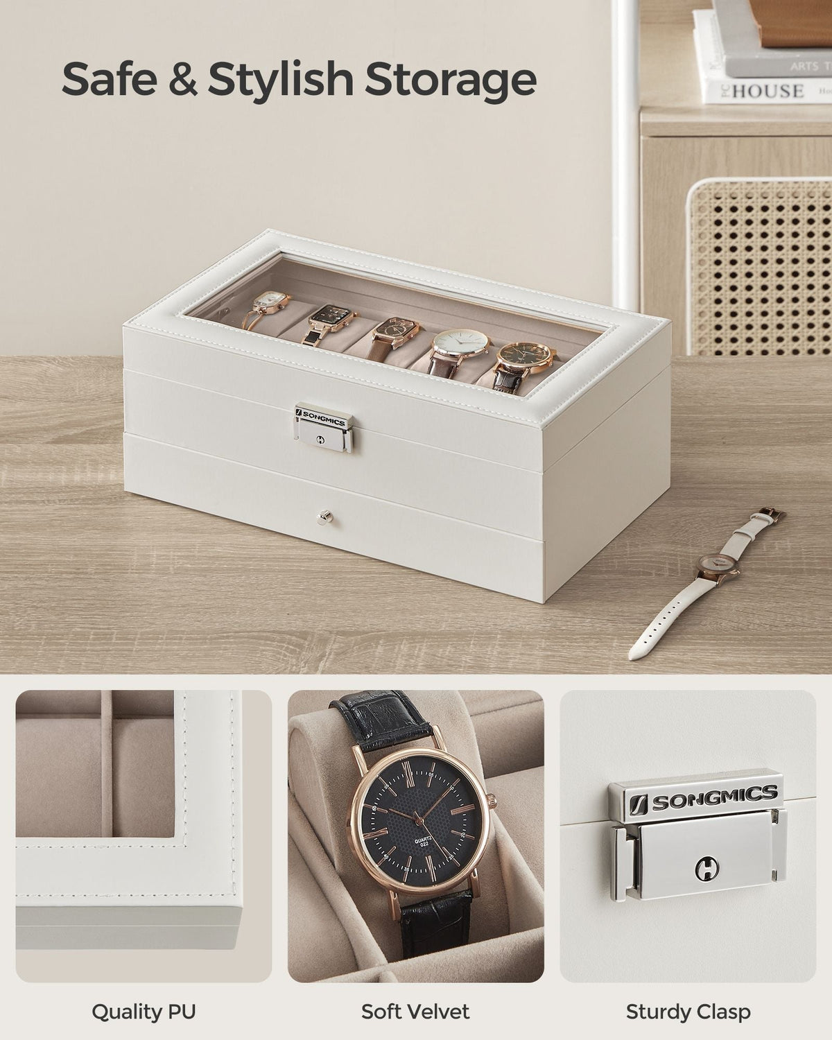 2-Tier Watch Box - Wood - Cloud White - Glass Lid with Bracelet Tray