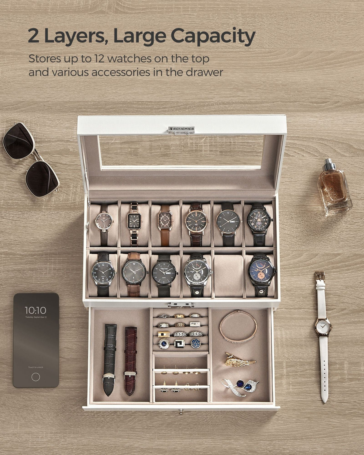 2-Tier Watch Box - Wood - Cloud White - Glass Lid with Bracelet Tray