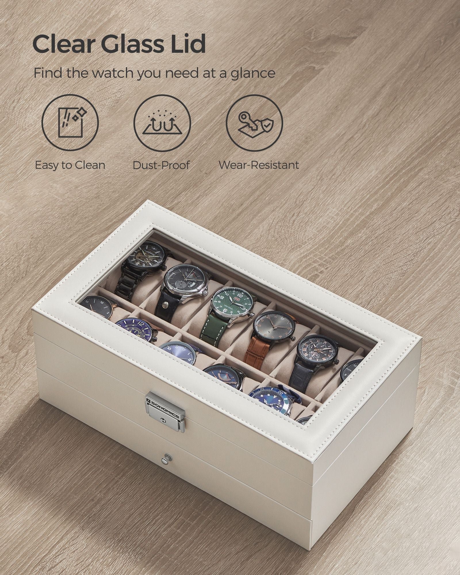 2-Tier Watch Box - Wood - Cloud White - Glass Lid with Bracelet Tray