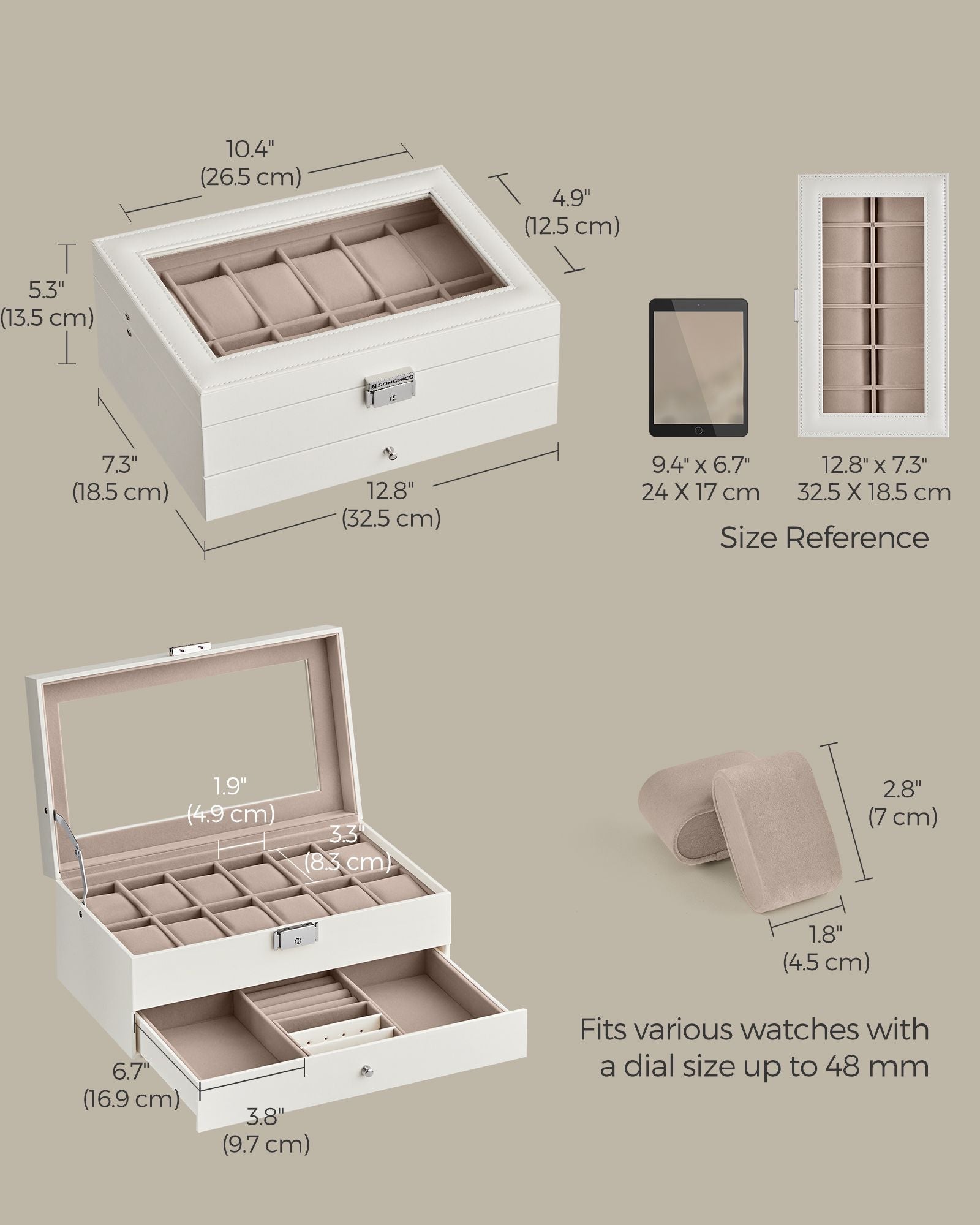 2-Tier Watch Box - Wood - Cloud White - Glass Lid with Bracelet Tray