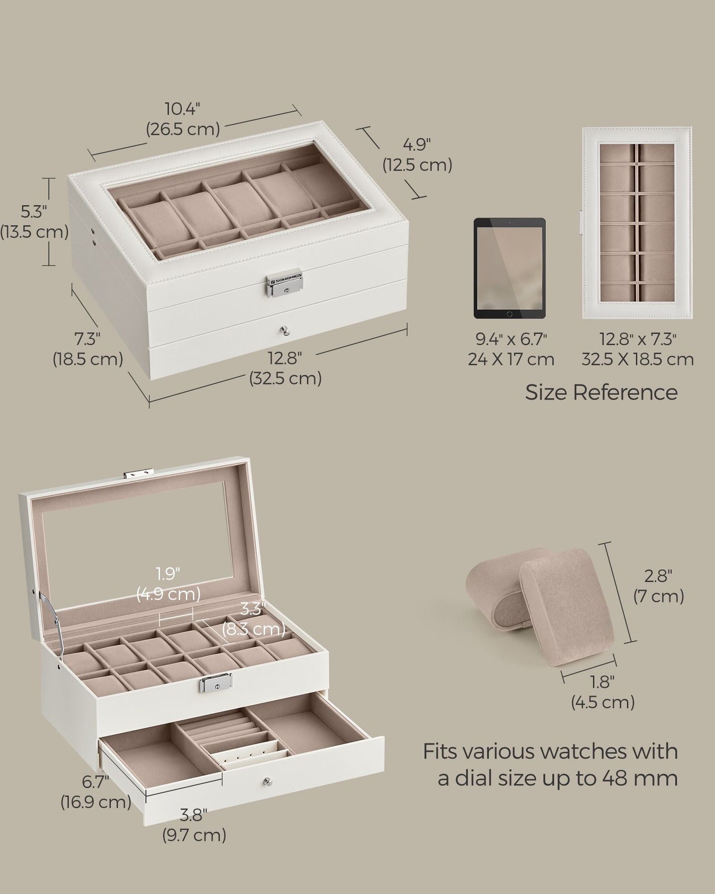 2-Tier Watch Box - Wood - Cloud White - Glass Lid with Bracelet Tray