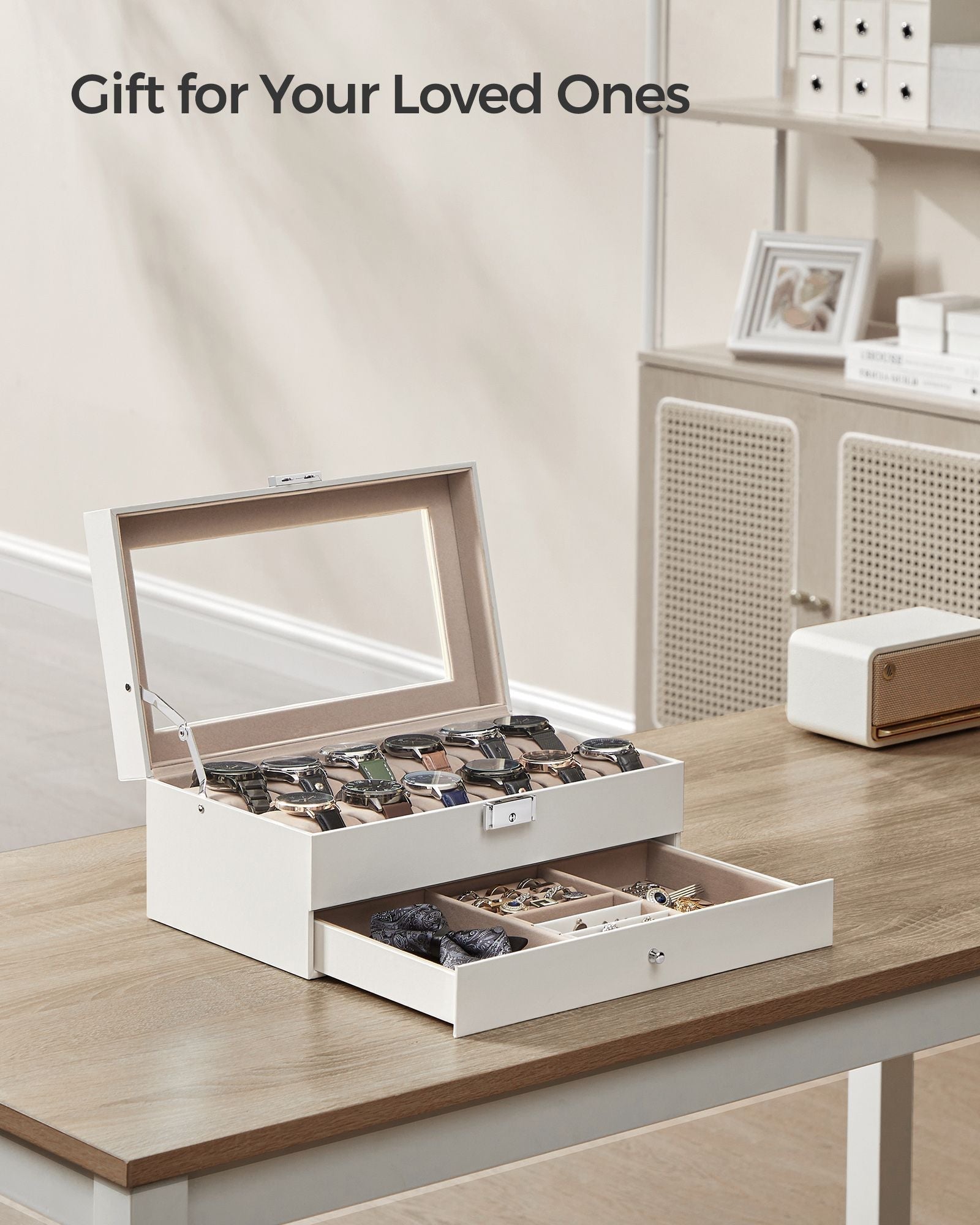 2-Tier Watch Box - Wood - Cloud White - Glass Lid with Bracelet Tray
