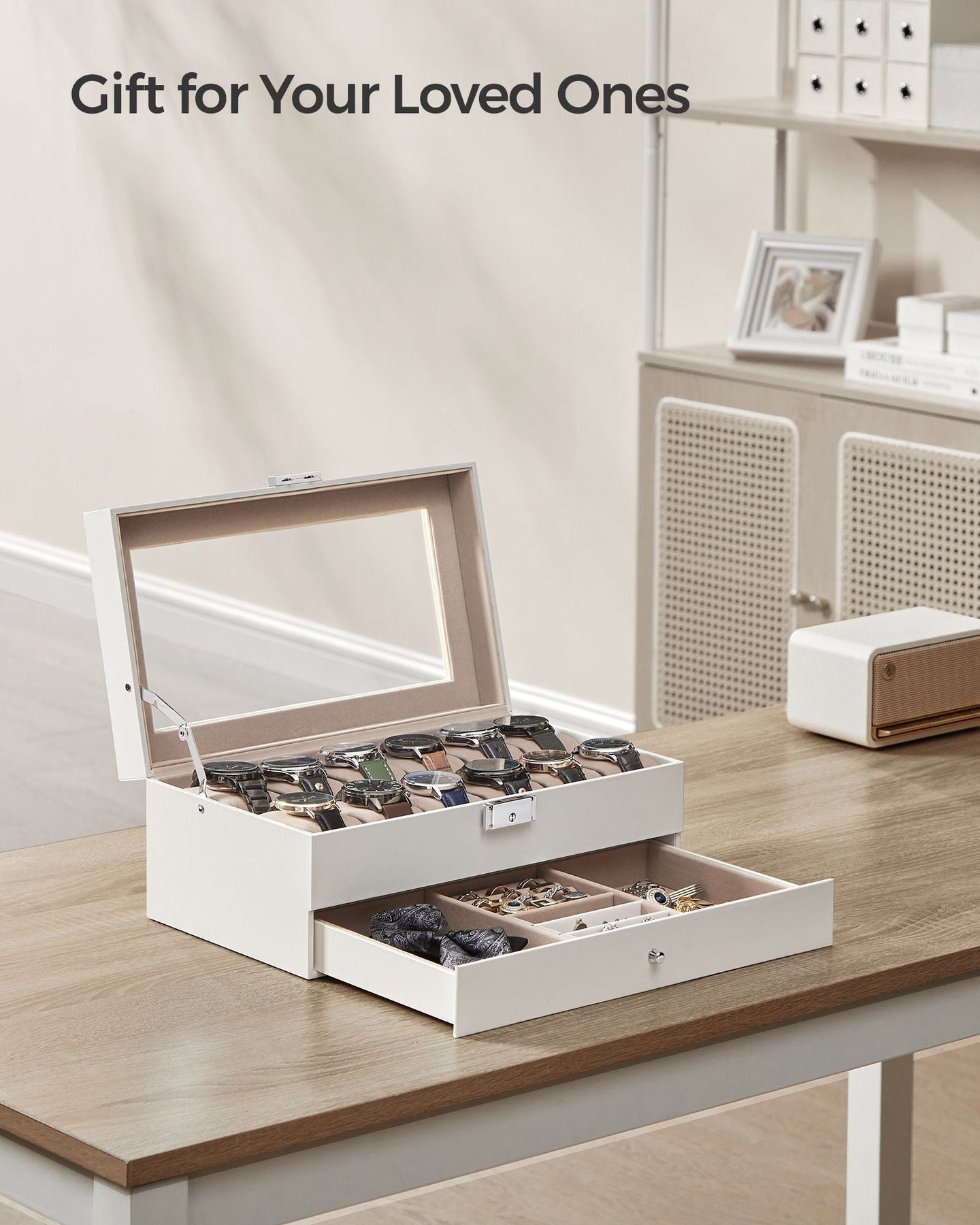 2-Tier Watch Box - Wood - Cloud White - Glass Lid with Bracelet Tray