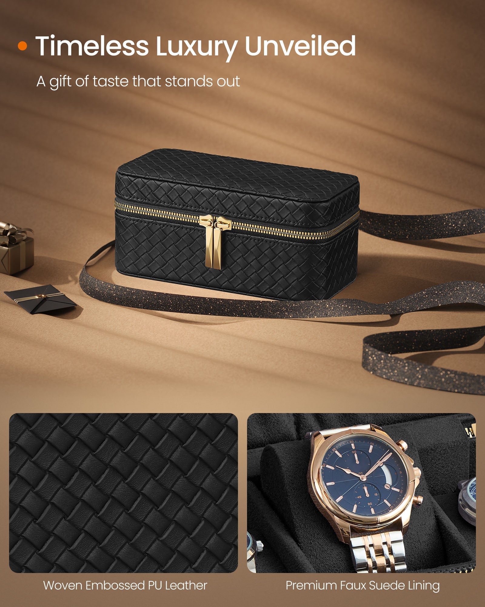 Watch Travel Case - 3-Slot Design - Woven Embossed PU Leather - Ink Black