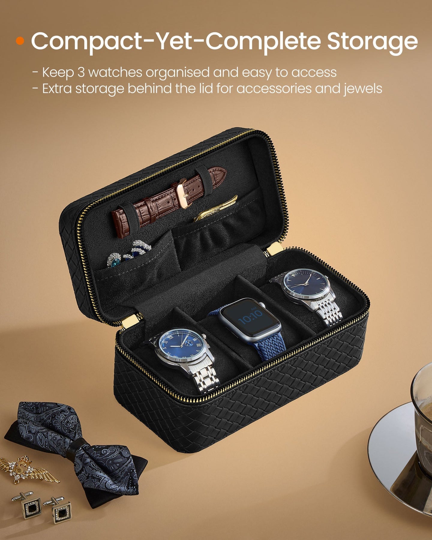Watch Travel Case - 3-Slot Design - Woven Embossed PU Leather - Ink Black