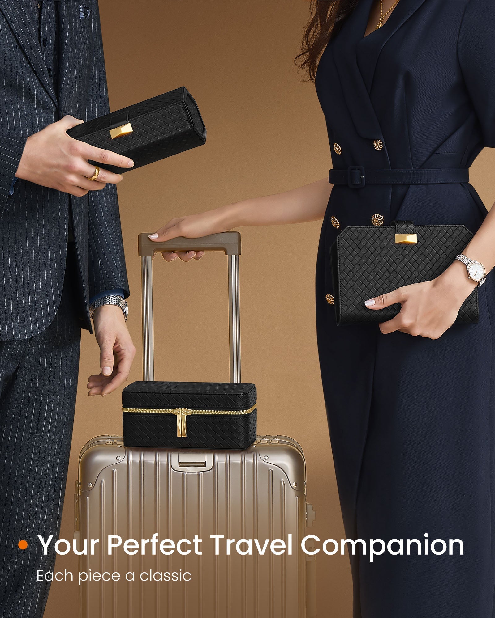 Watch Travel Case - 3-Slot Design - Woven Embossed PU Leather - Ink Black