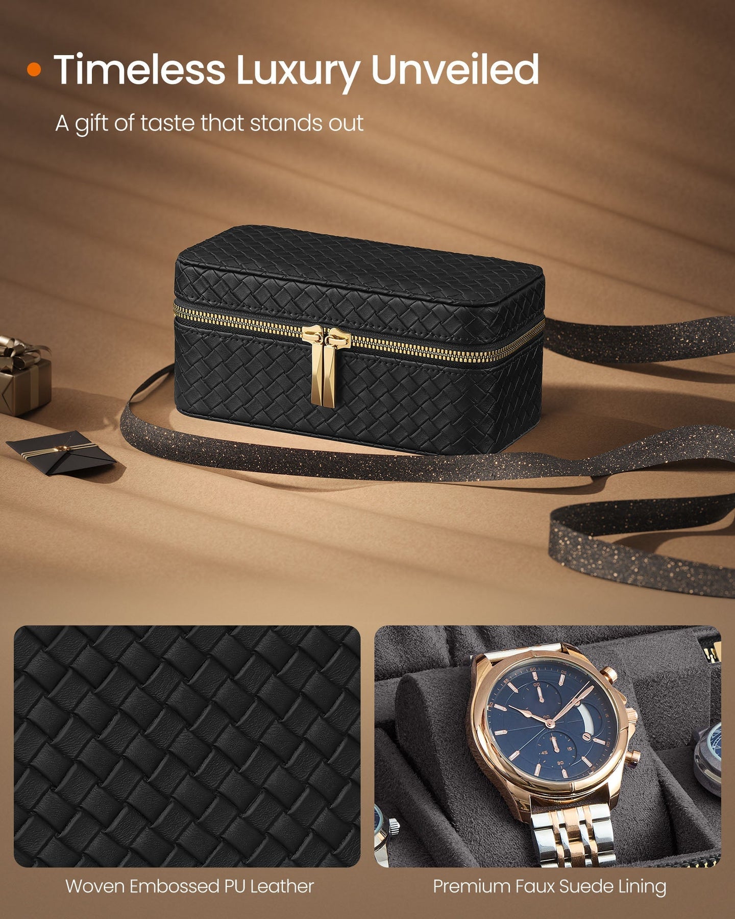 Watch Travel Case - 3-Slot Design - Woven Embossed PU Leather - Ink Black