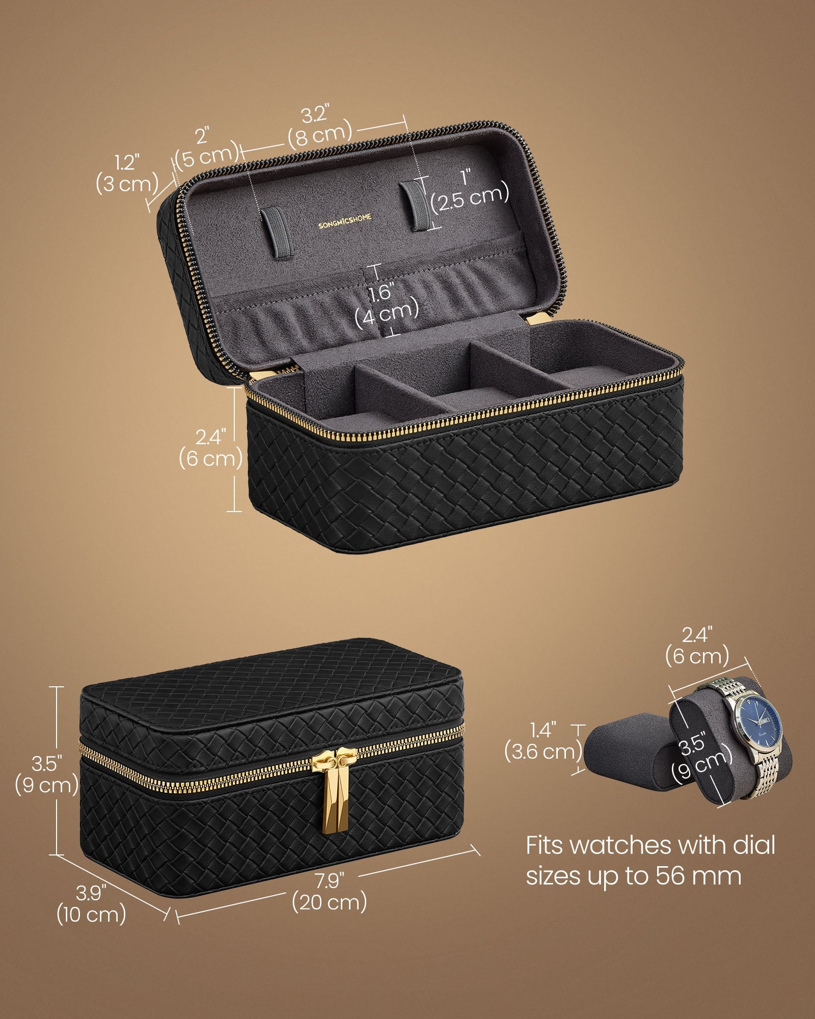 Watch Travel Case - 3-Slot Design - Woven Embossed PU Leather - Ink Black