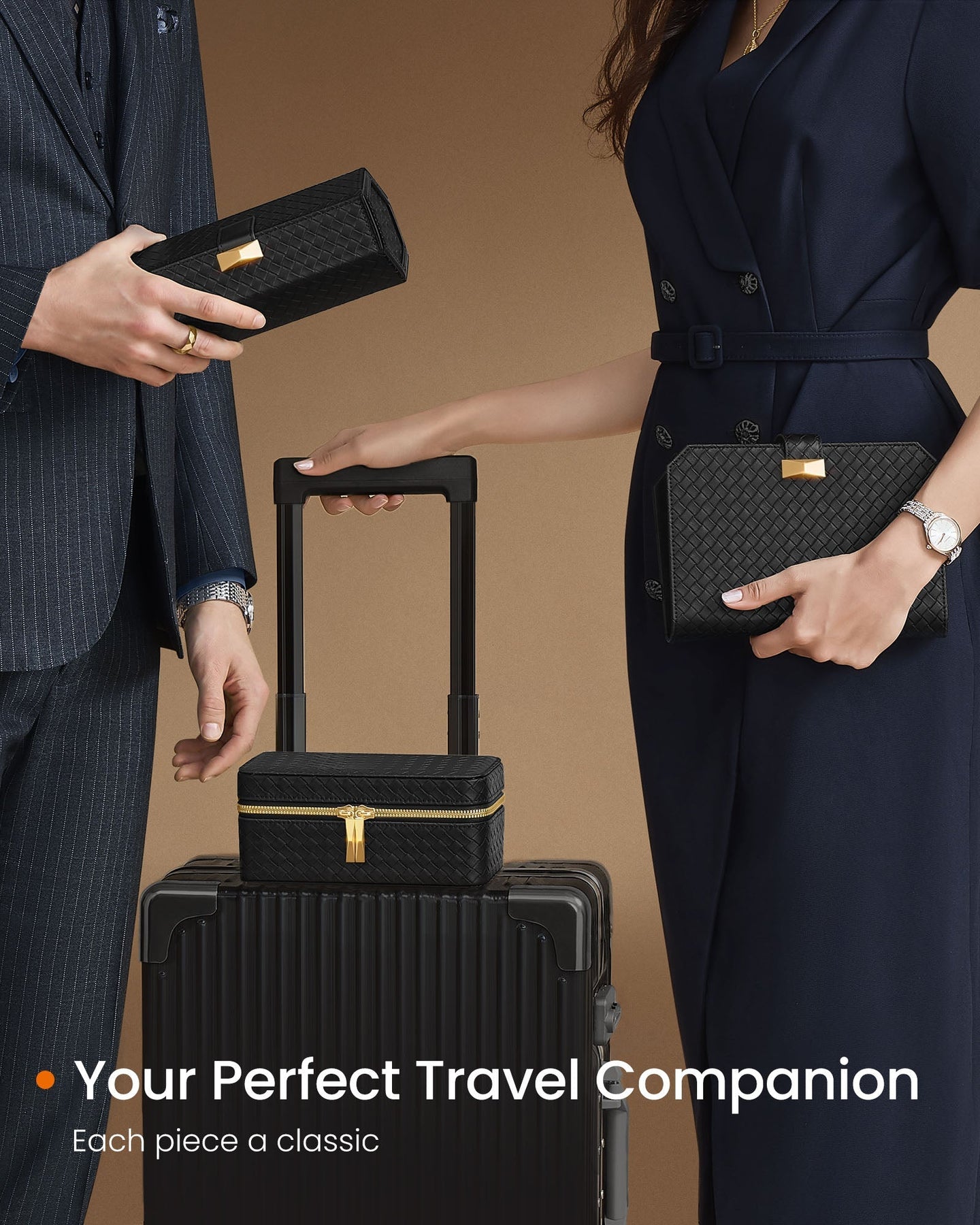 Watch Travel Case - 3-Slot Design - Woven Embossed PU Leather - Ink Black