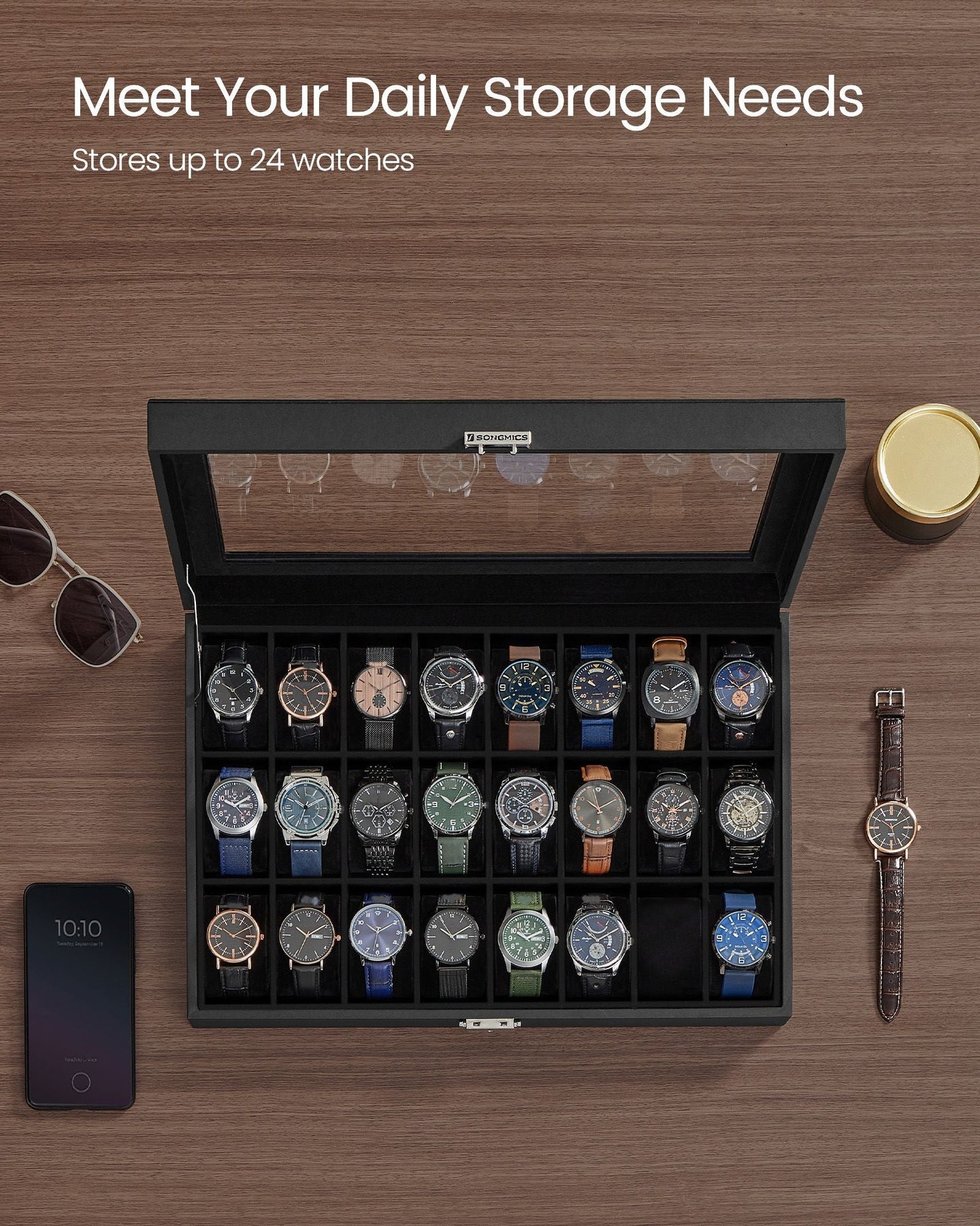 Watch Storage Box - MDF - Ink Black - 24 Slots with Glass Lid