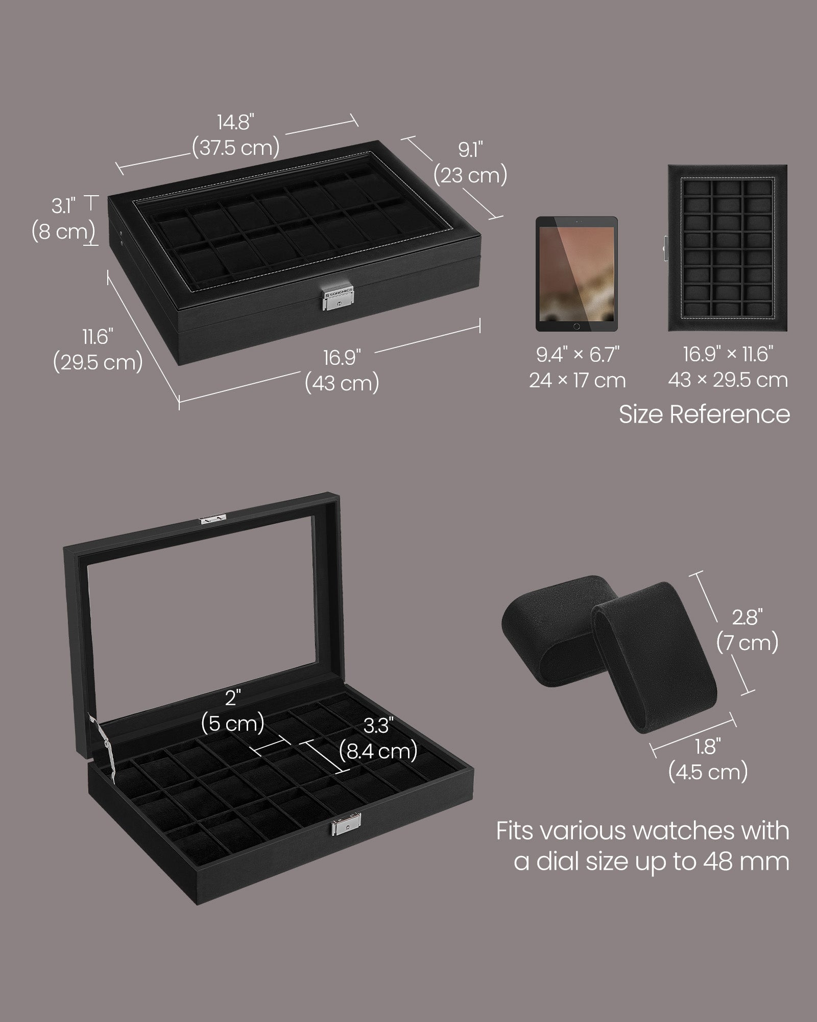 Watch Storage Box - MDF - Ink Black - 24 Slots with Glass Lid
