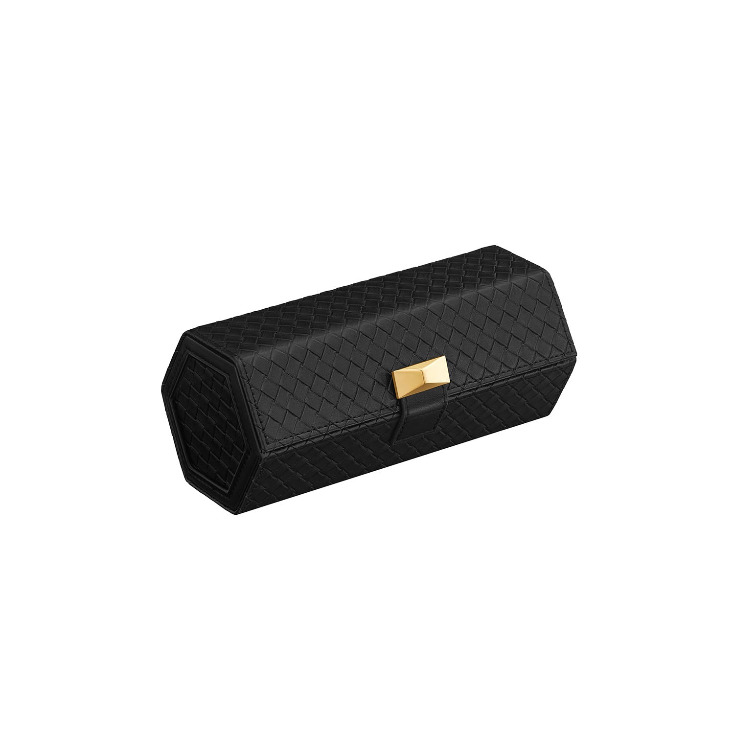 Watch Travel Case - Woven Embossed PU Leather - Ink Black - Hexagon Design with Hidden Storage