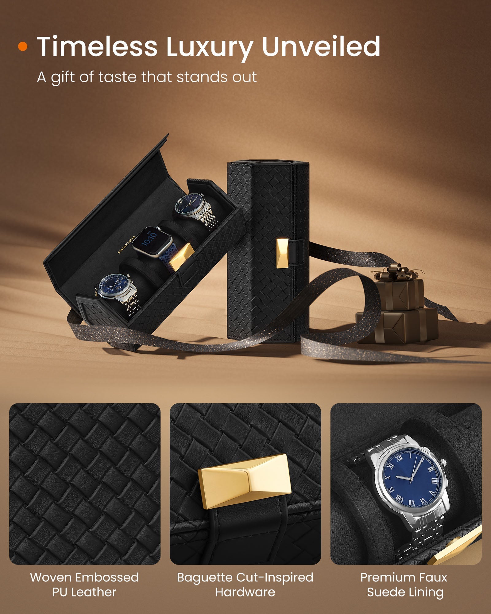 Watch Travel Case - Woven Embossed PU Leather - Ink Black - Hexagon Design with Hidden Storage