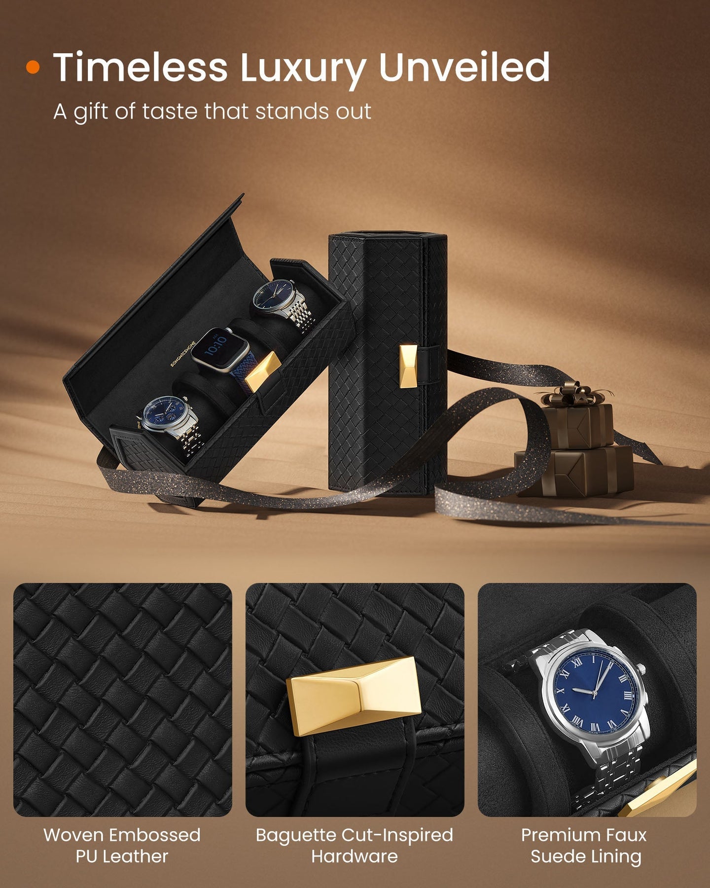 Watch Travel Case - Woven Embossed PU Leather - Ink Black - Hexagon Design with Hidden Storage