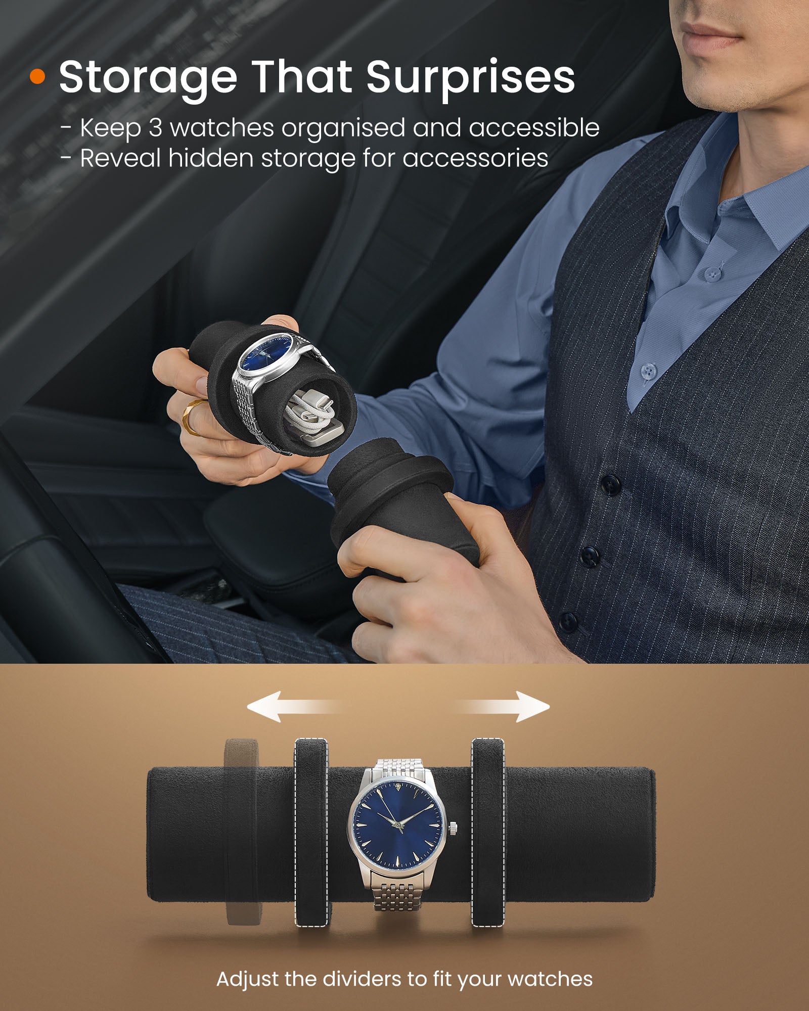 Watch Travel Case - Woven Embossed PU Leather - Ink Black - Hexagon Design with Hidden Storage