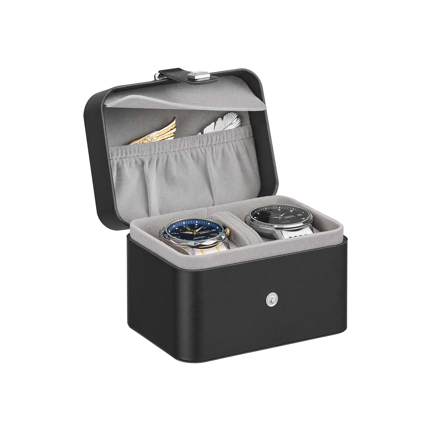 Watch Travel Case - Faux Leather - Ink Black - Two Slots with Hidden Storage Pillow