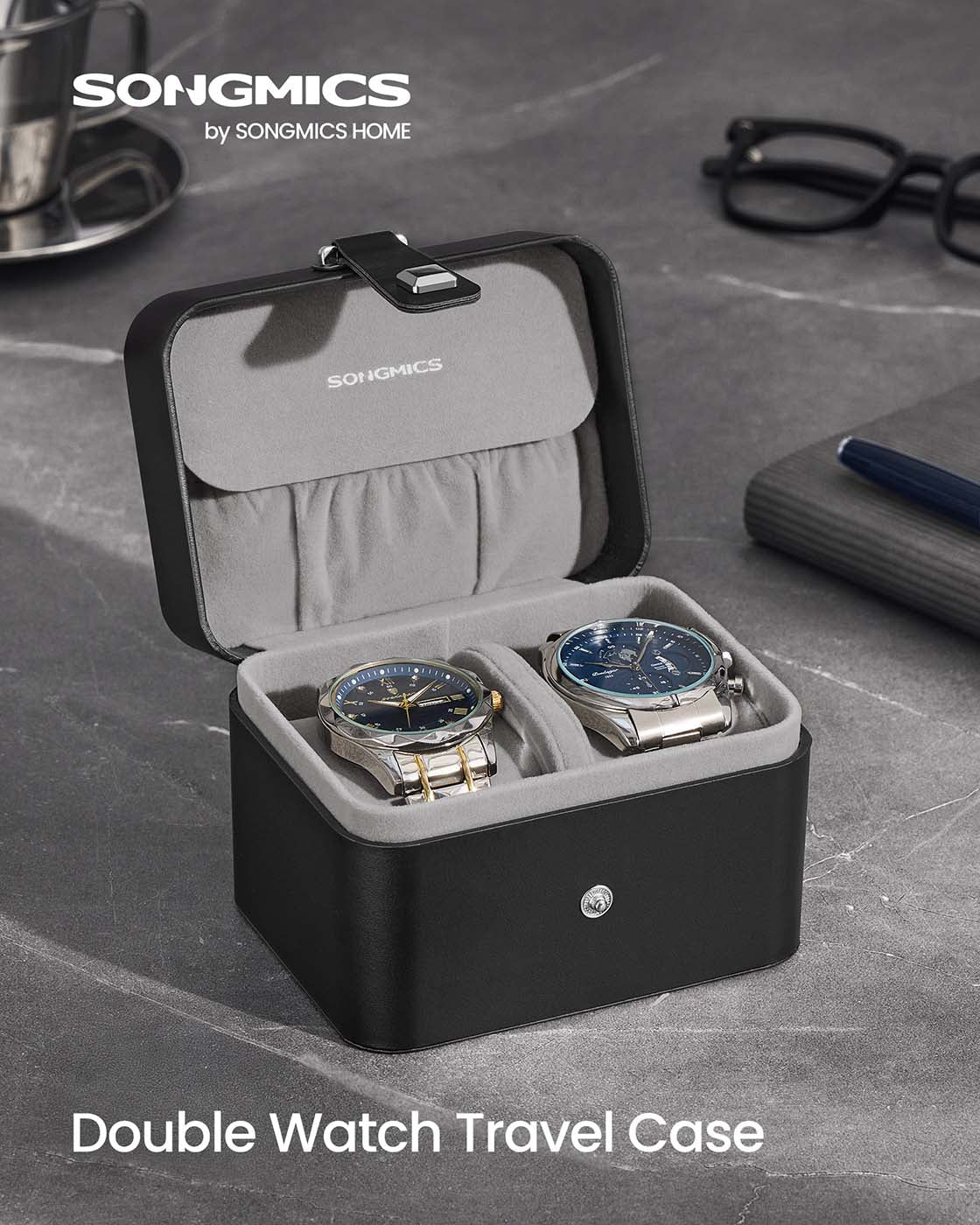 Watch Travel Case - Faux Leather - Ink Black - Two Slots with Hidden Storage Pillow