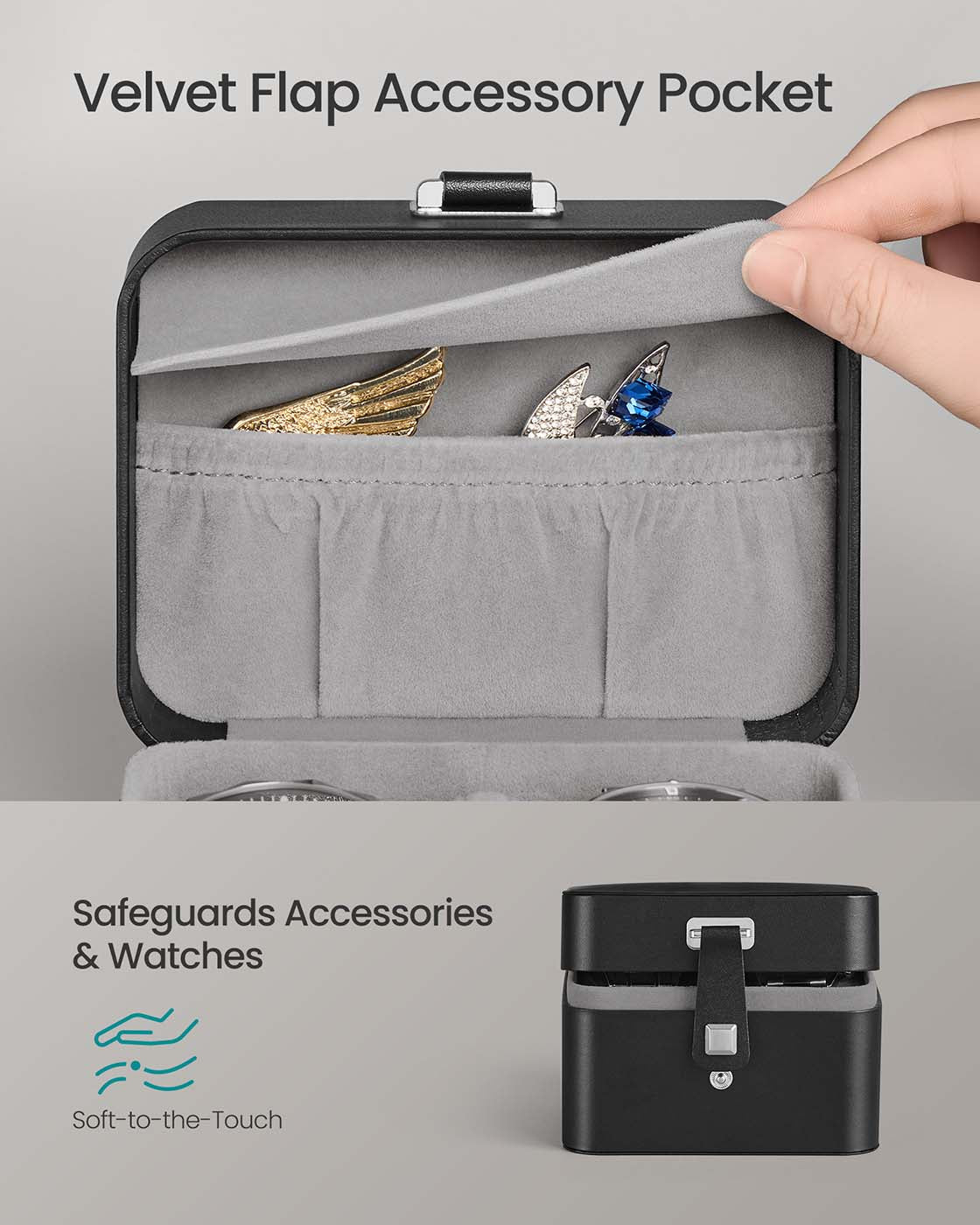 Watch Travel Case - Faux Leather - Ink Black - Two Slots with Hidden Storage Pillow