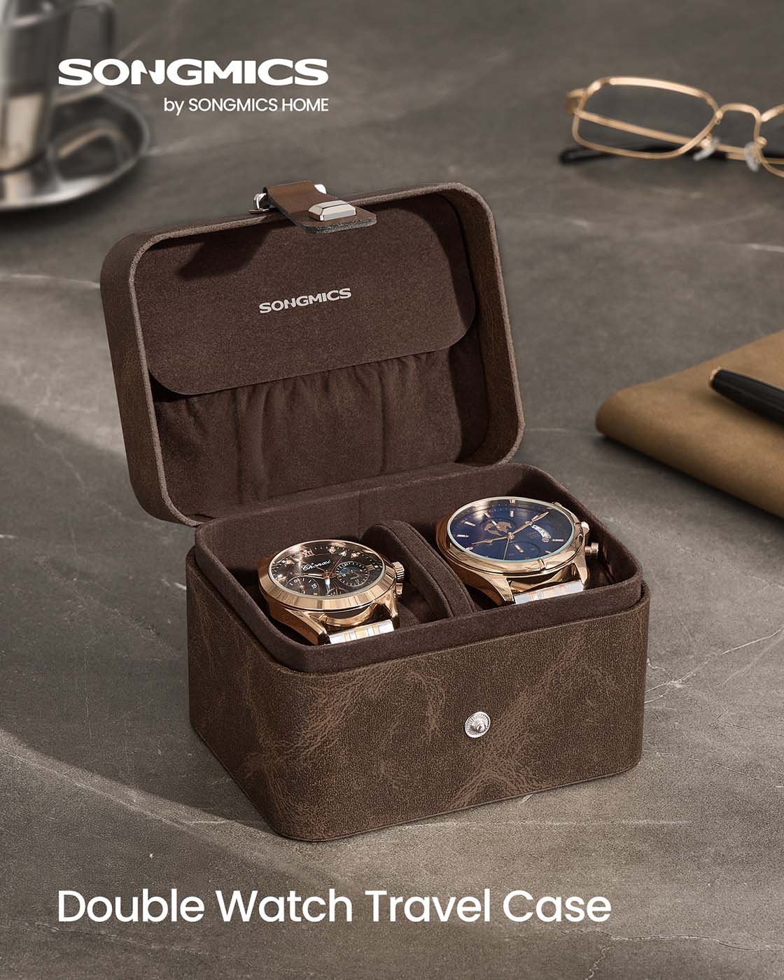 Watch Travel Case - Faux Leather - Ink Black - Two Slots with Hidden Storage Pillow