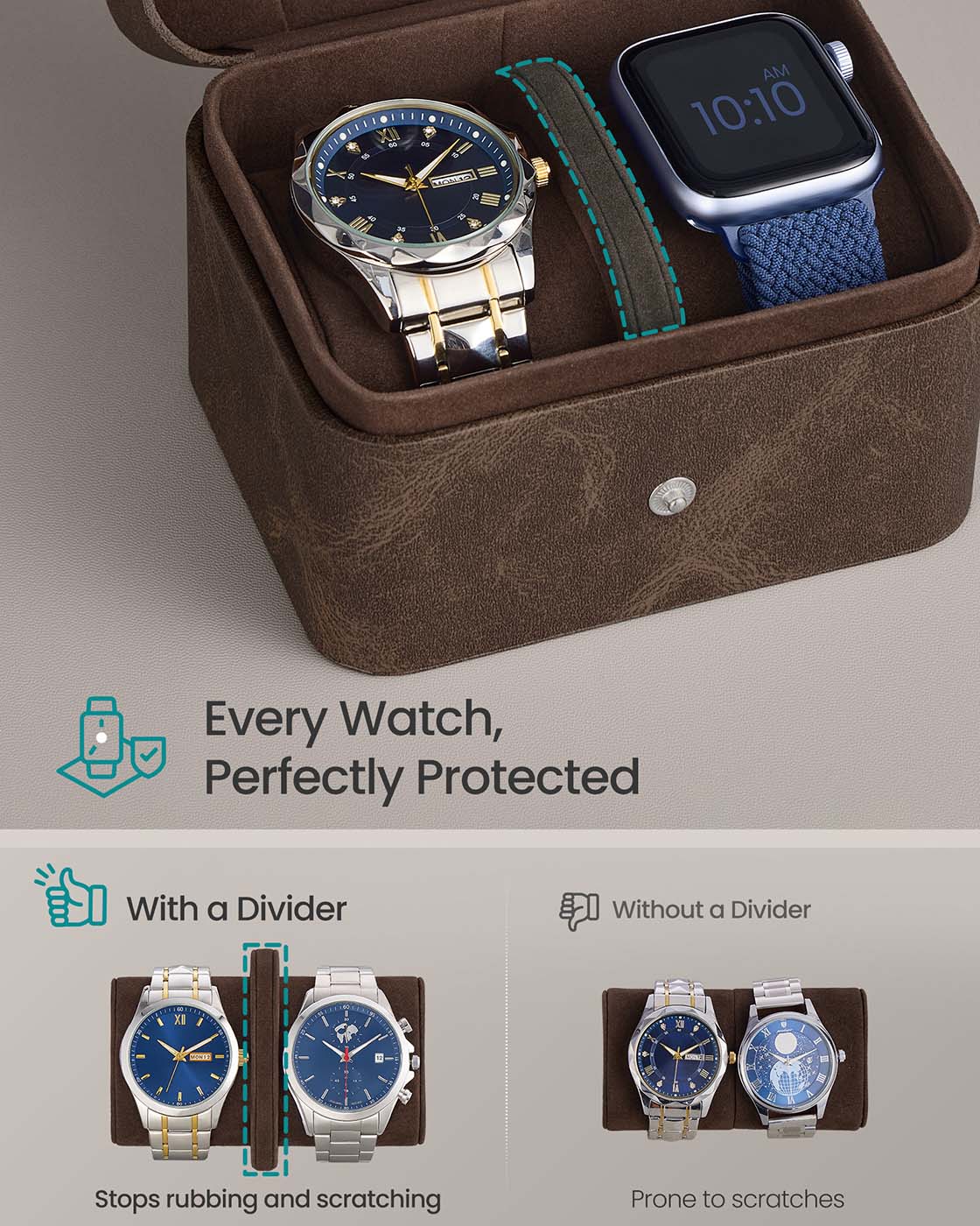 Watch Travel Case - Faux Leather - Ink Black - Two Slots with Hidden Storage Pillow
