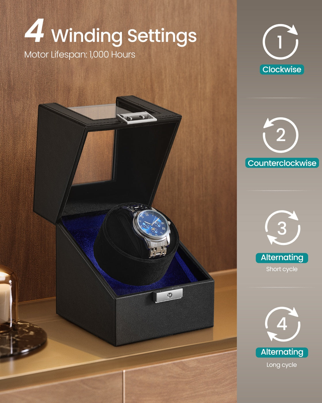 Automatic Single Watch Winder Box - 1L - MDF - Quiet Motor