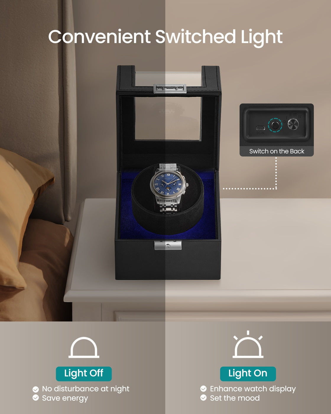 Automatic Single Watch Winder Box - 1L - MDF - Quiet Motor
