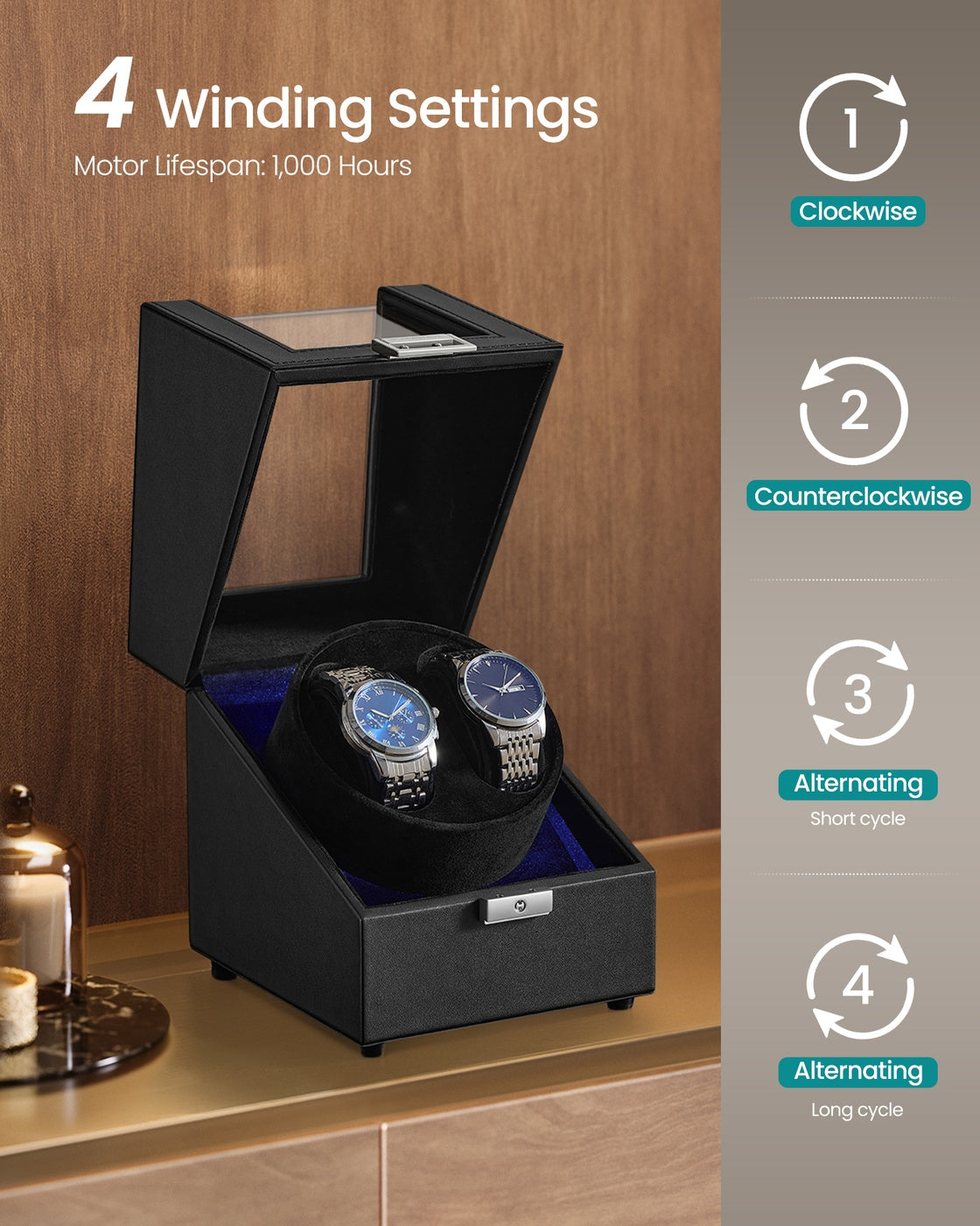Automatic Double Watch Winder Box - 1L - MDF - Quiet Motor