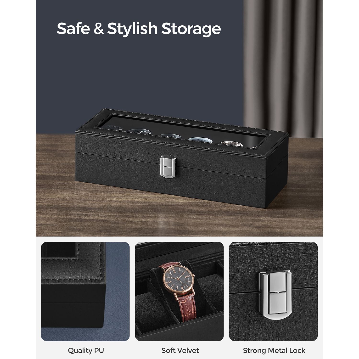 Watch Box - Velvet - Black - Glass Lid with Lock and Cushions