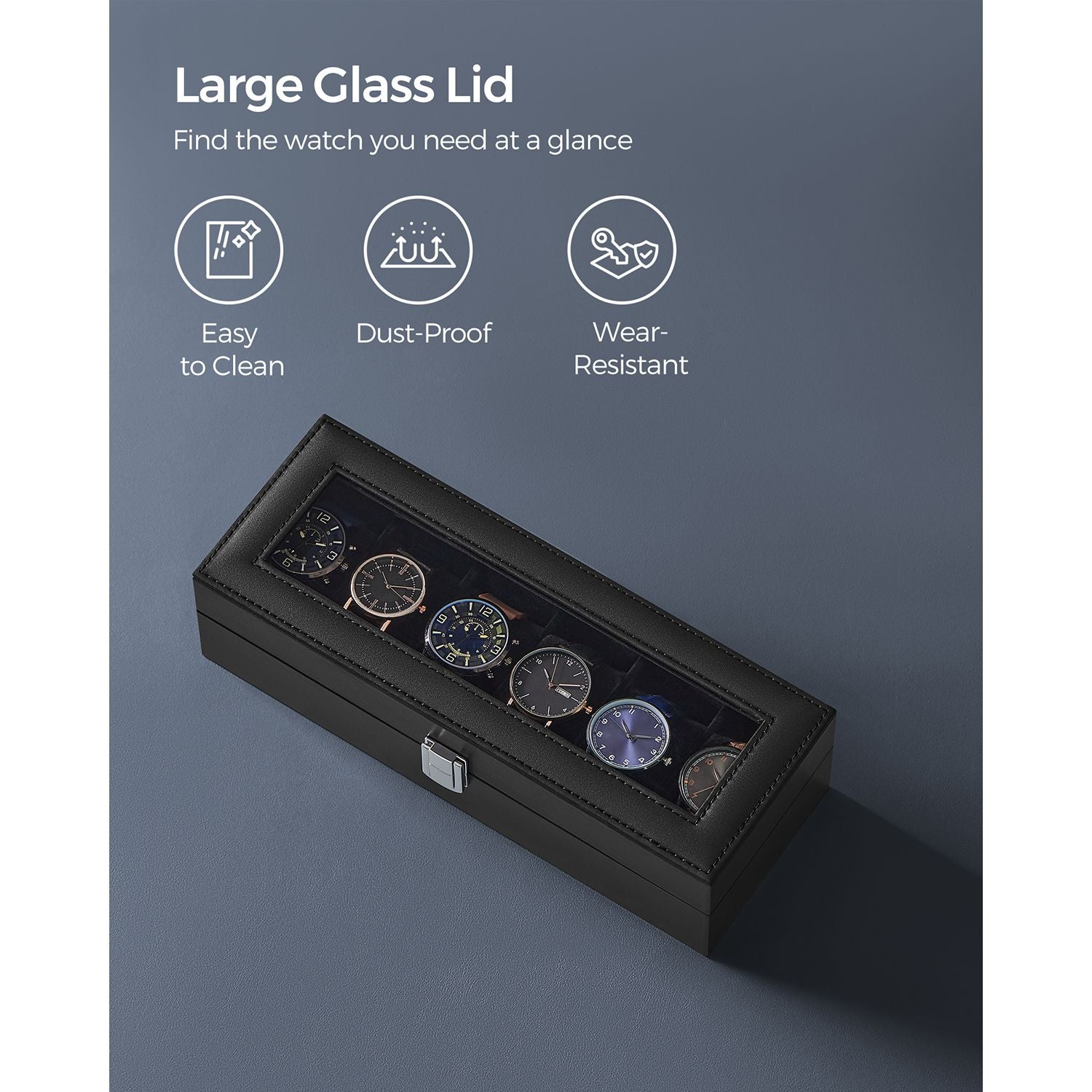 Watch Box - Velvet - Black - Glass Lid with Lock and Cushions