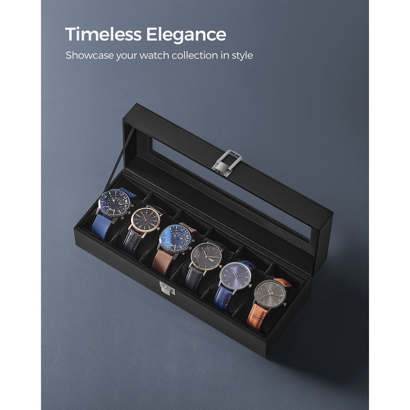Watch Box - Velvet - Black - Glass Lid with Lock and Cushions