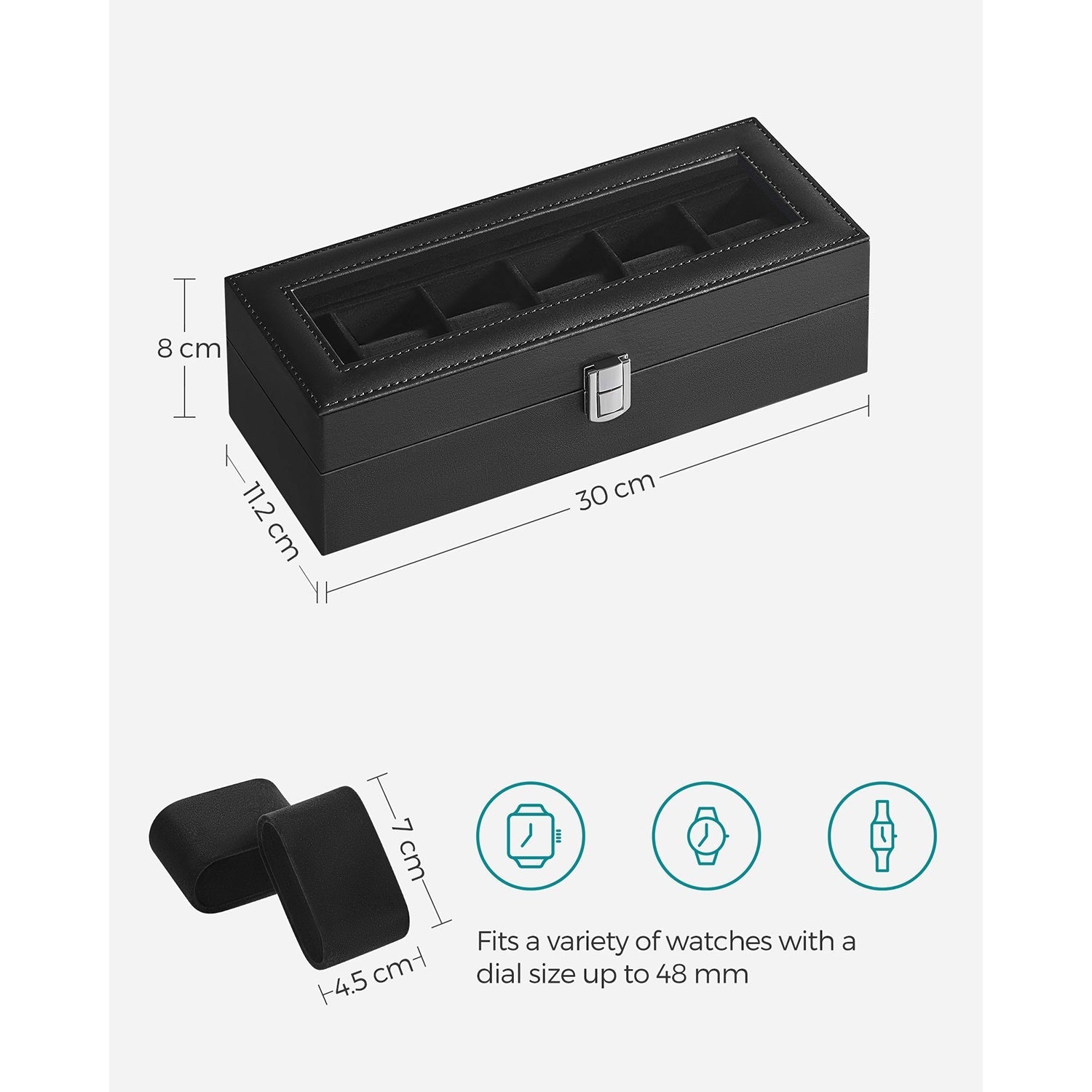 Watch Box - Velvet - Black - Glass Lid with Lock and Cushions