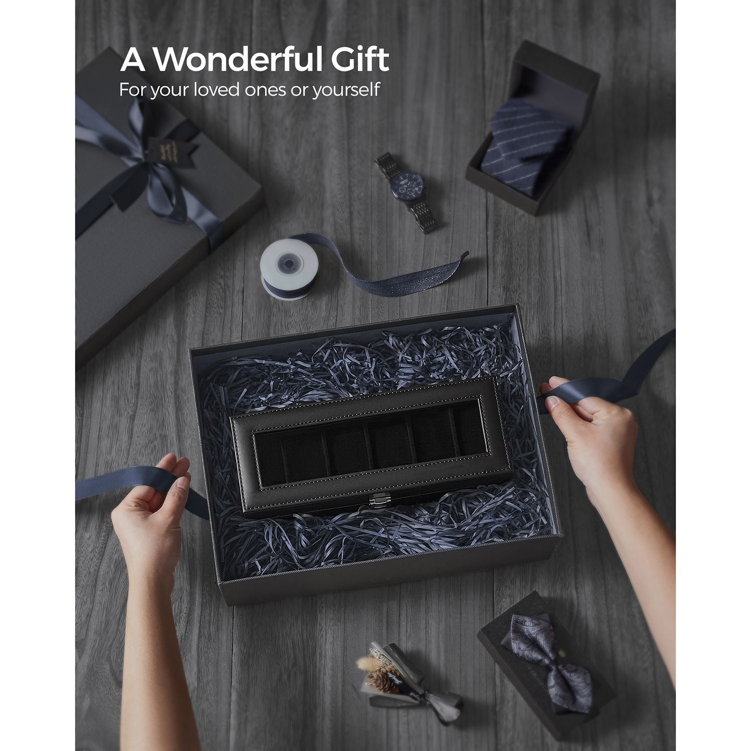 Watch Box - Velvet - Black - Glass Lid with Lock and Cushions