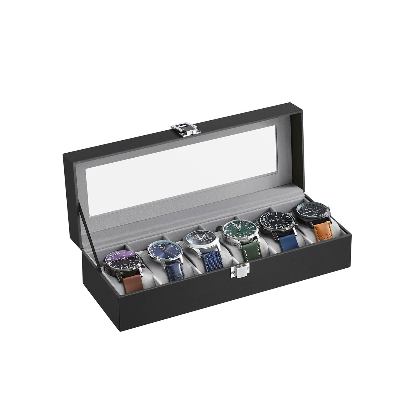 Watch Box - Velvet - Black - 6-Slot with Glass Top and Lock