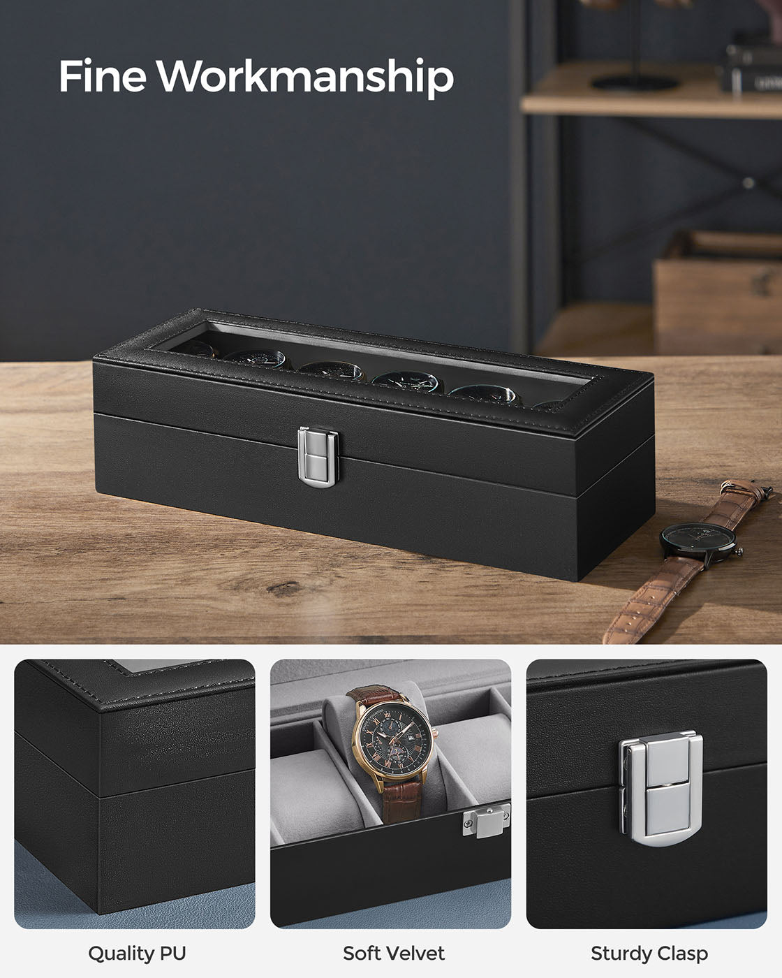 Watch Box - Velvet - Black - 6-Slot with Glass Top and Lock