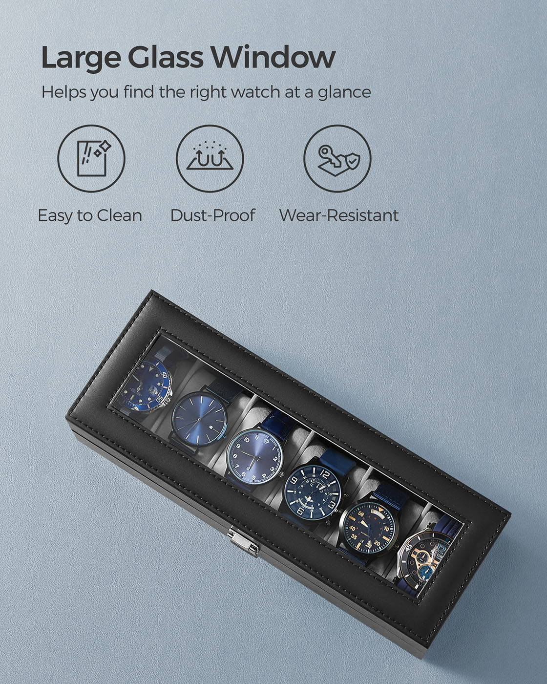 Watch Box - Velvet - Black - 6-Slot with Glass Top and Lock