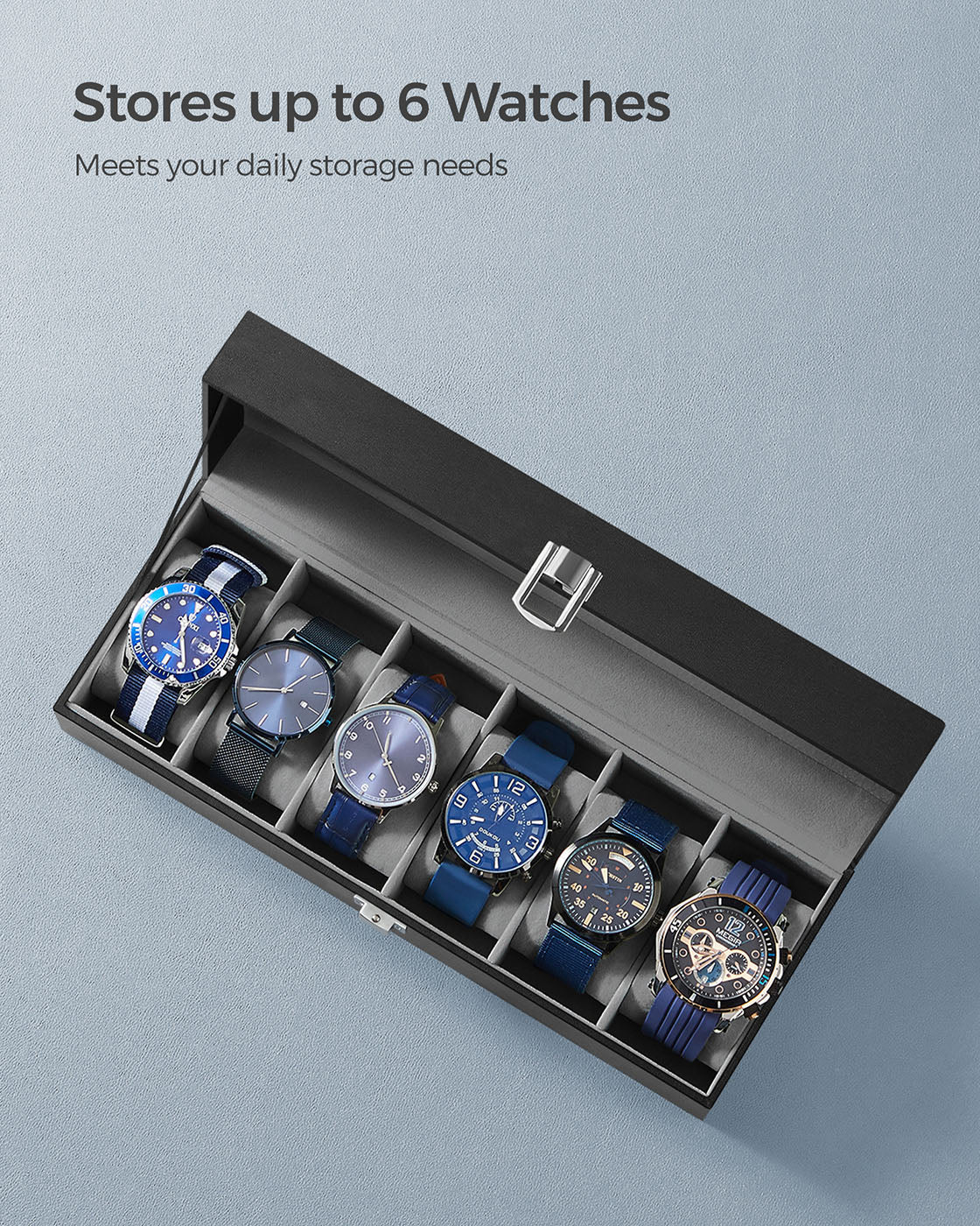 Watch Box - Velvet - Black - 6-Slot with Glass Top and Lock