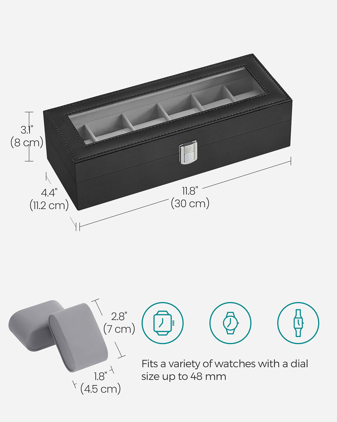 Watch Box - Velvet - Black - 6-Slot with Glass Top and Lock