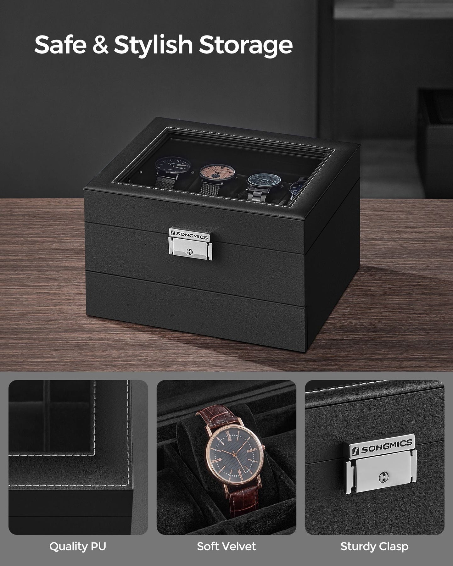 2-Tier Watch Box - Wood - Ink Black - Glass Lid and Bracelet Tray for 8 Watches