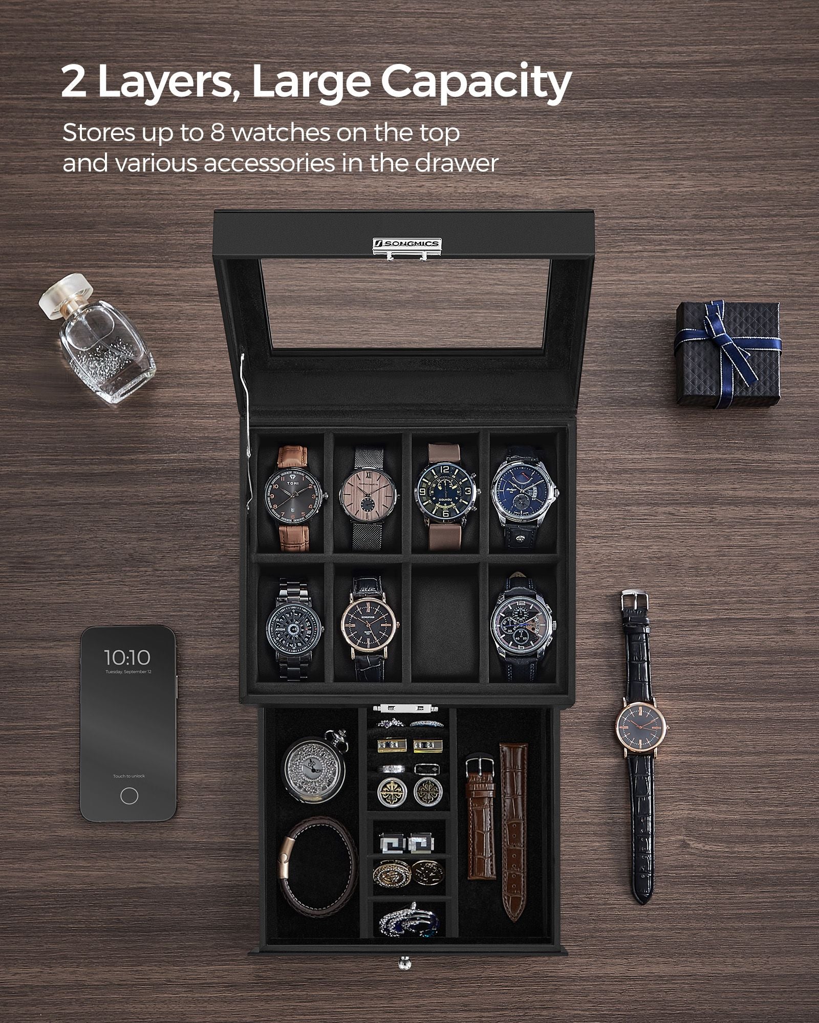 2-Tier Watch Box - Wood - Ink Black - Glass Lid and Bracelet Tray for 8 Watches