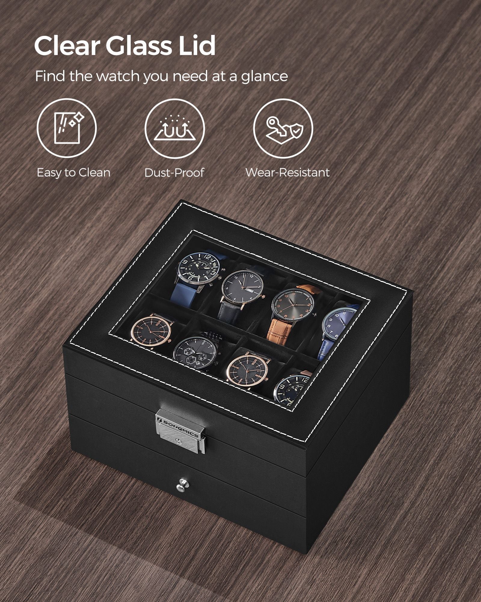 2-Tier Watch Box - Wood - Ink Black - Glass Lid and Bracelet Tray for 8 Watches