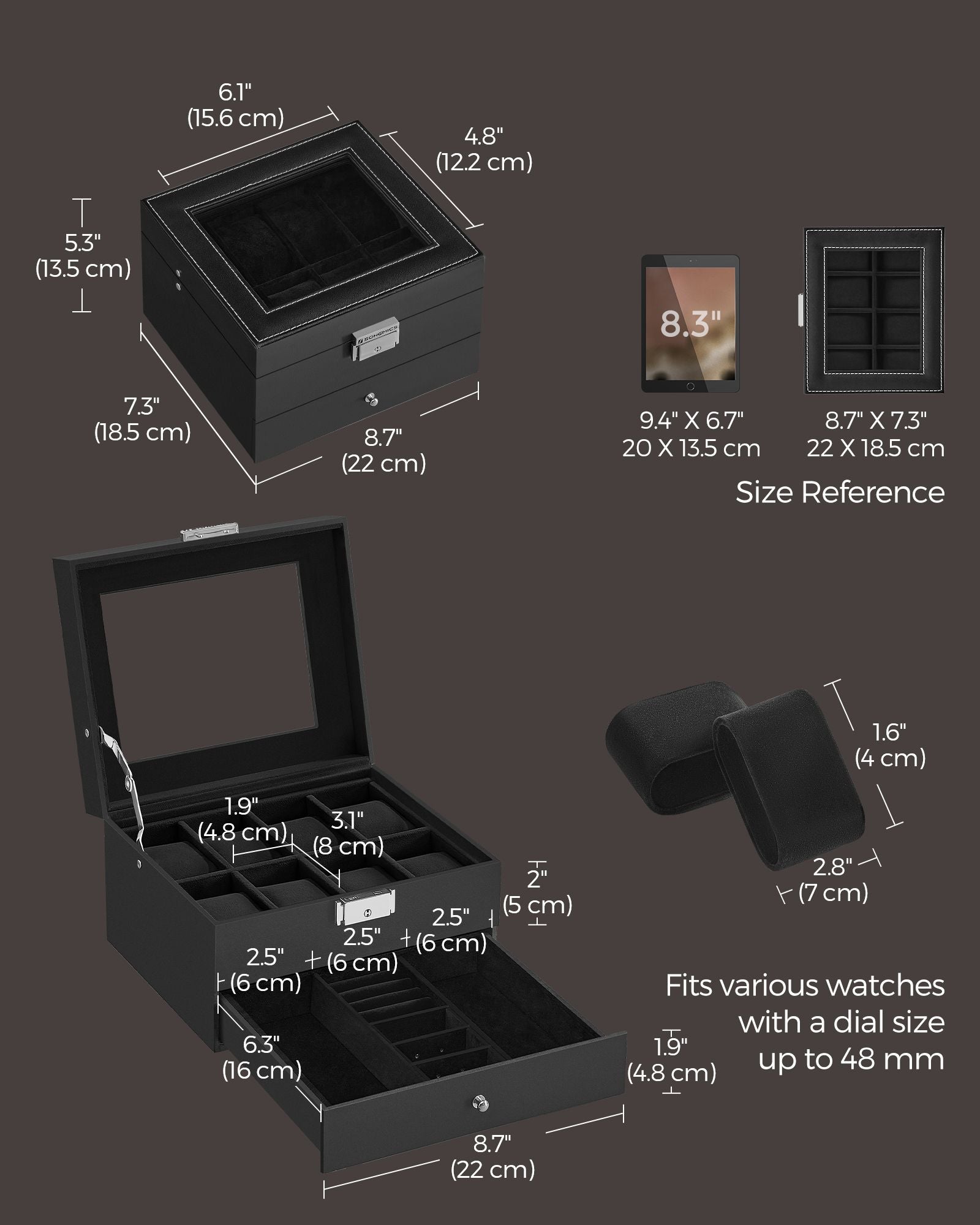 2-Tier Watch Box - Wood - Ink Black - Glass Lid and Bracelet Tray for 8 Watches