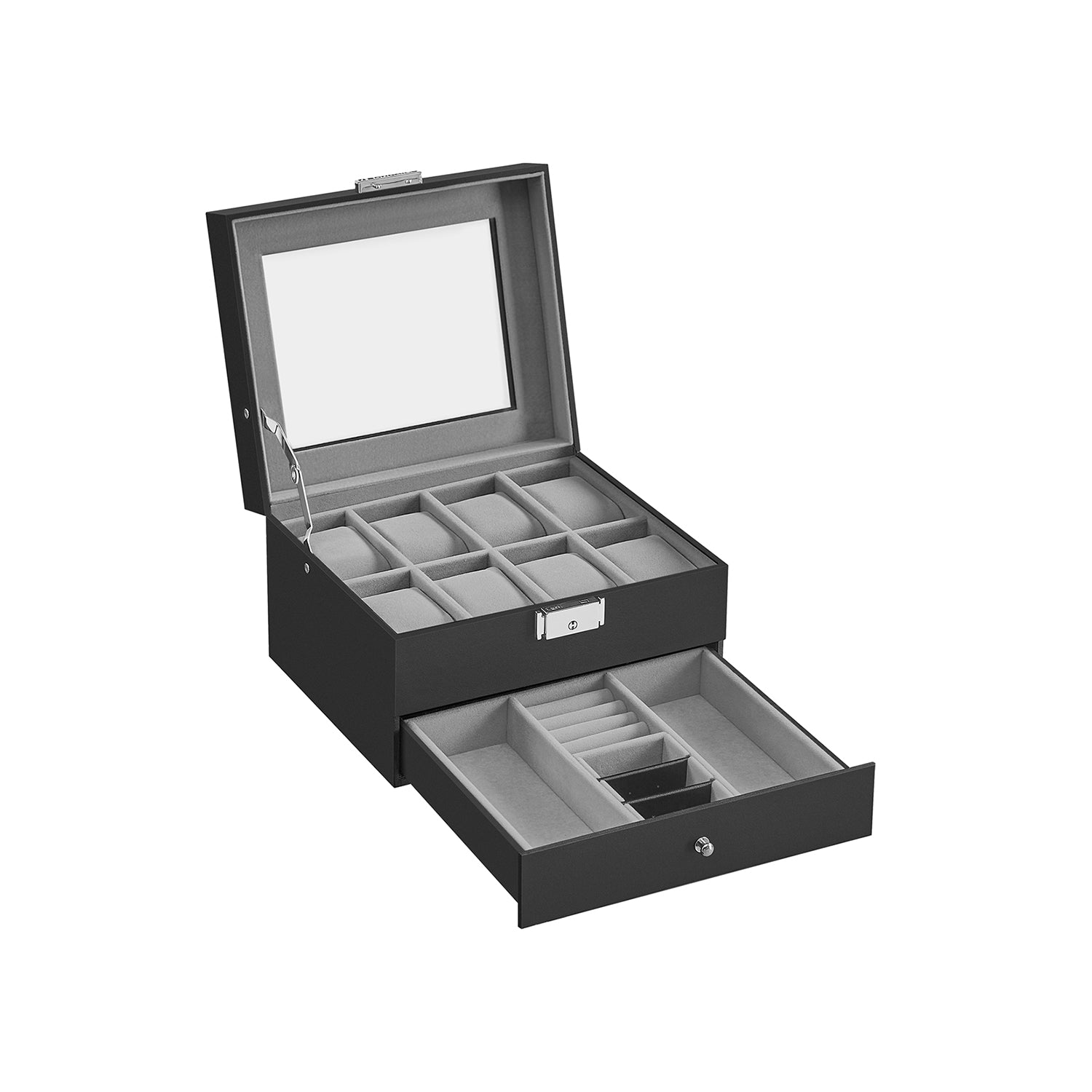 Watch Box - Glass - Ink Black - 2 Layers with Lock and Bracelet Tray