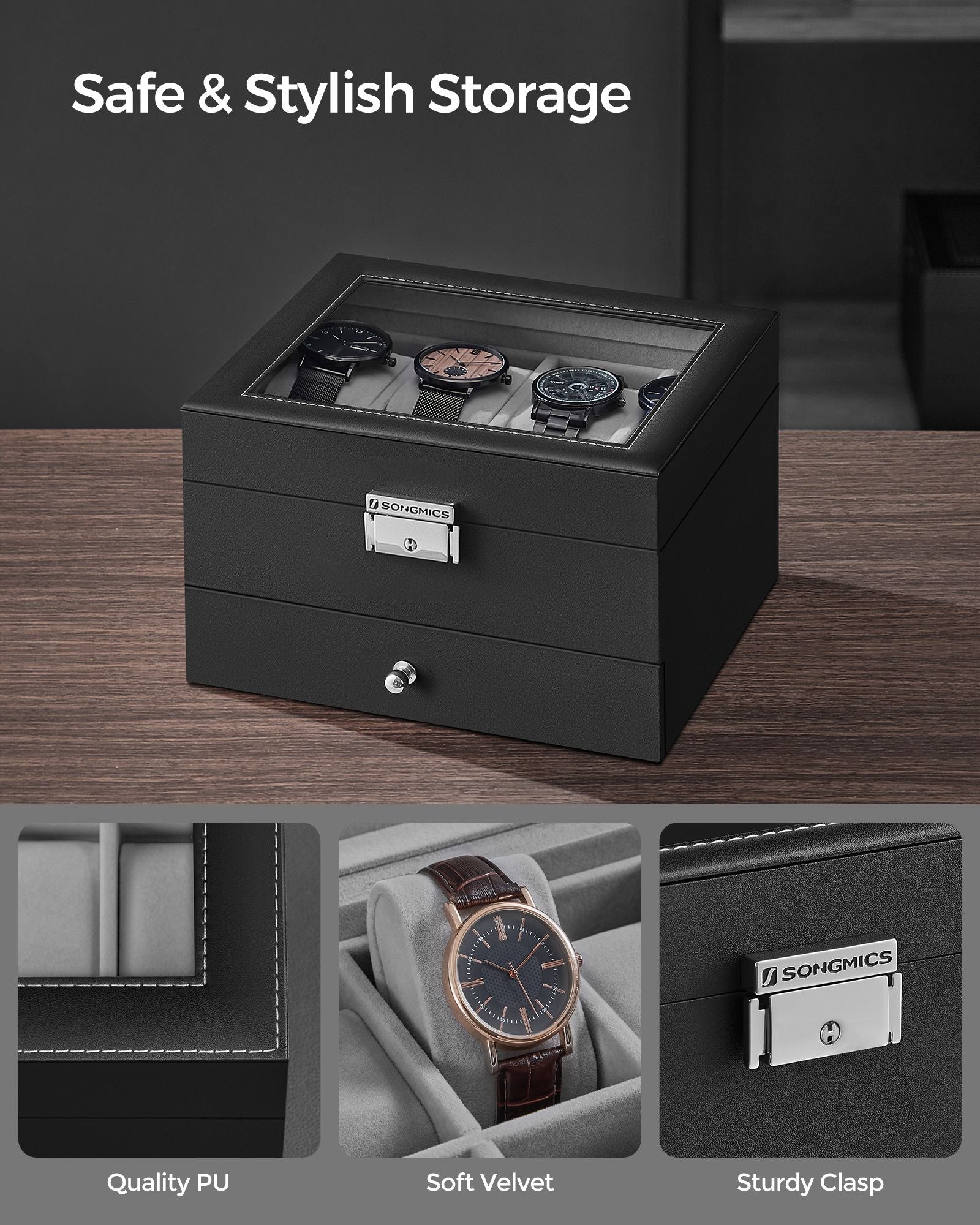 Watch Box - Glass - Ink Black - 2 Layers with Lock and Bracelet Tray