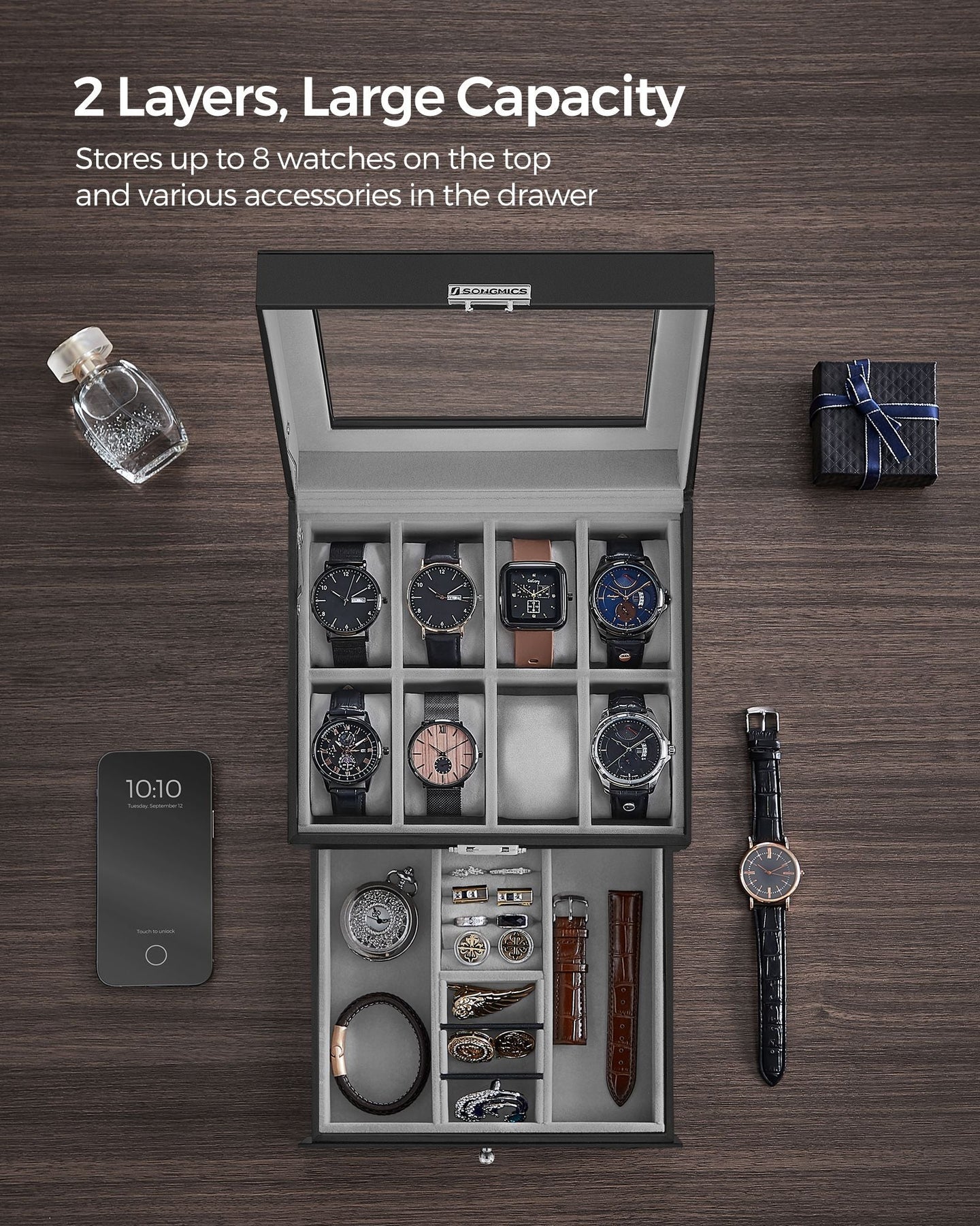Watch Box - Glass - Ink Black - 2 Layers with Lock and Bracelet Tray