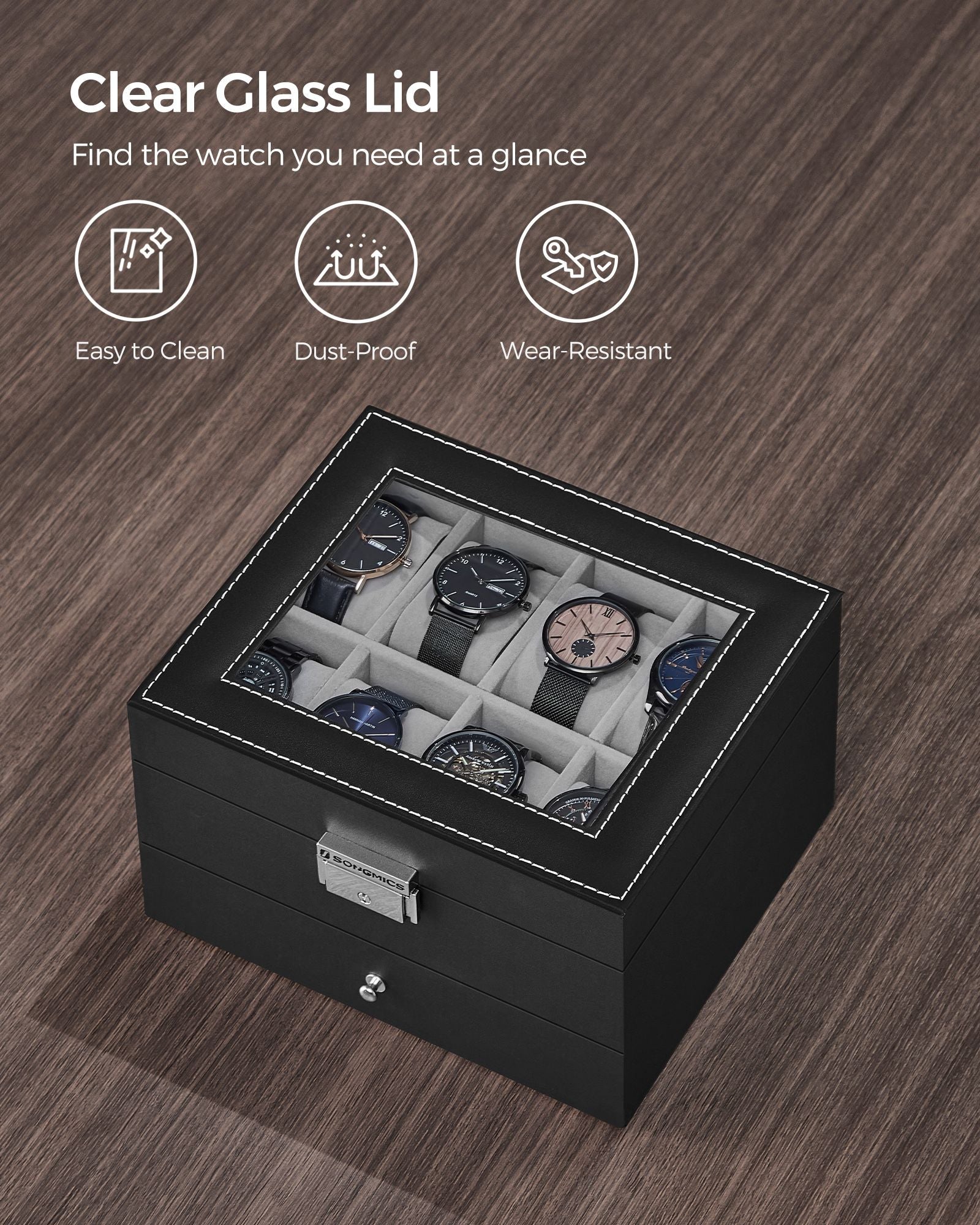 Watch Box - Glass - Ink Black - 2 Layers with Lock and Bracelet Tray