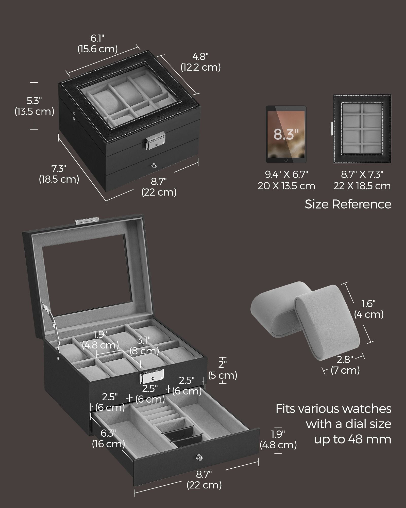 Watch Box - Glass - Ink Black - 2 Layers with Lock and Bracelet Tray