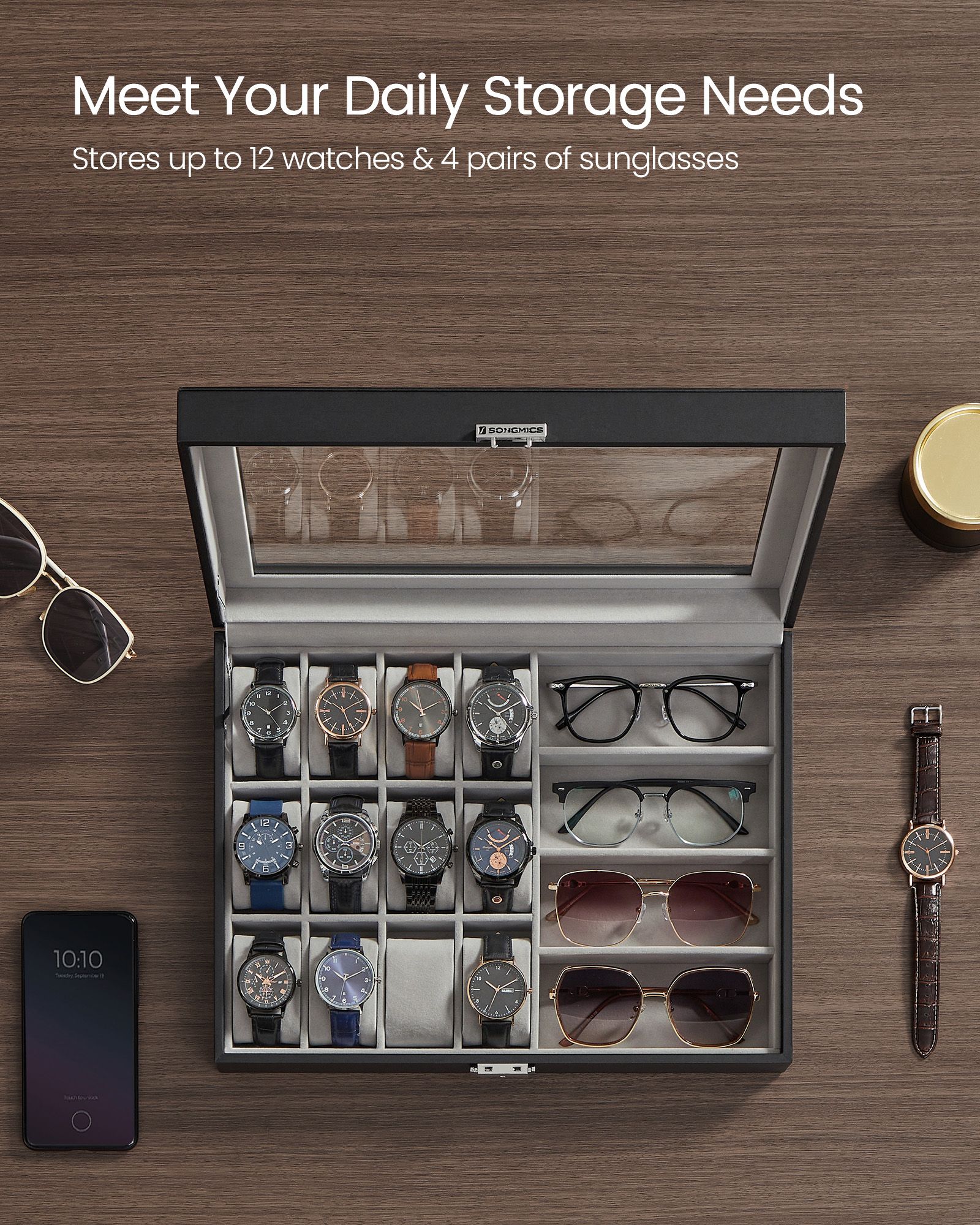 Watch Box - Synthetic Leather - Ink Black - Lockable with Glass Lid and 24 Slots