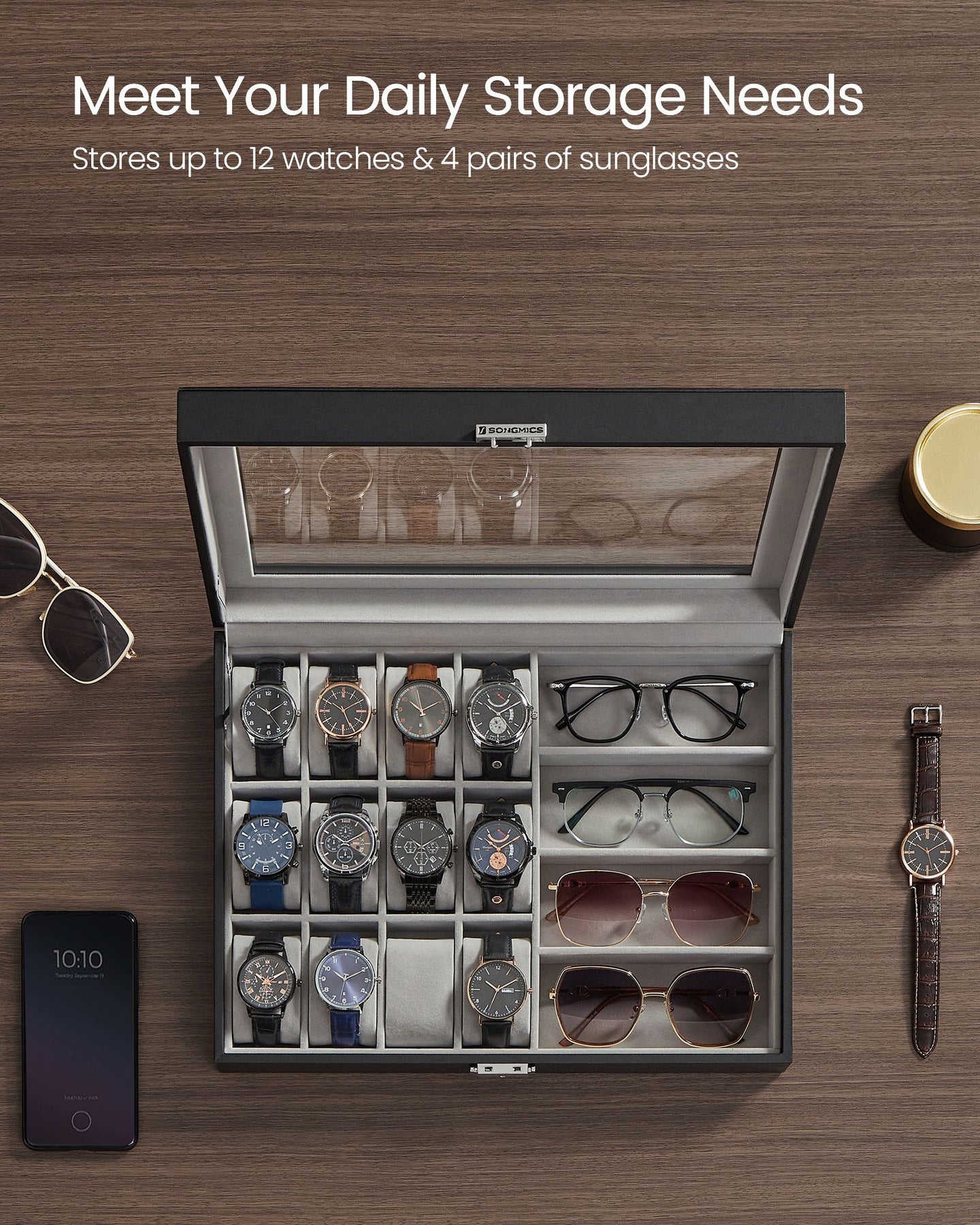 Watch Box - Synthetic Leather - Ink Black - Lockable with Glass Lid and 24 Slots