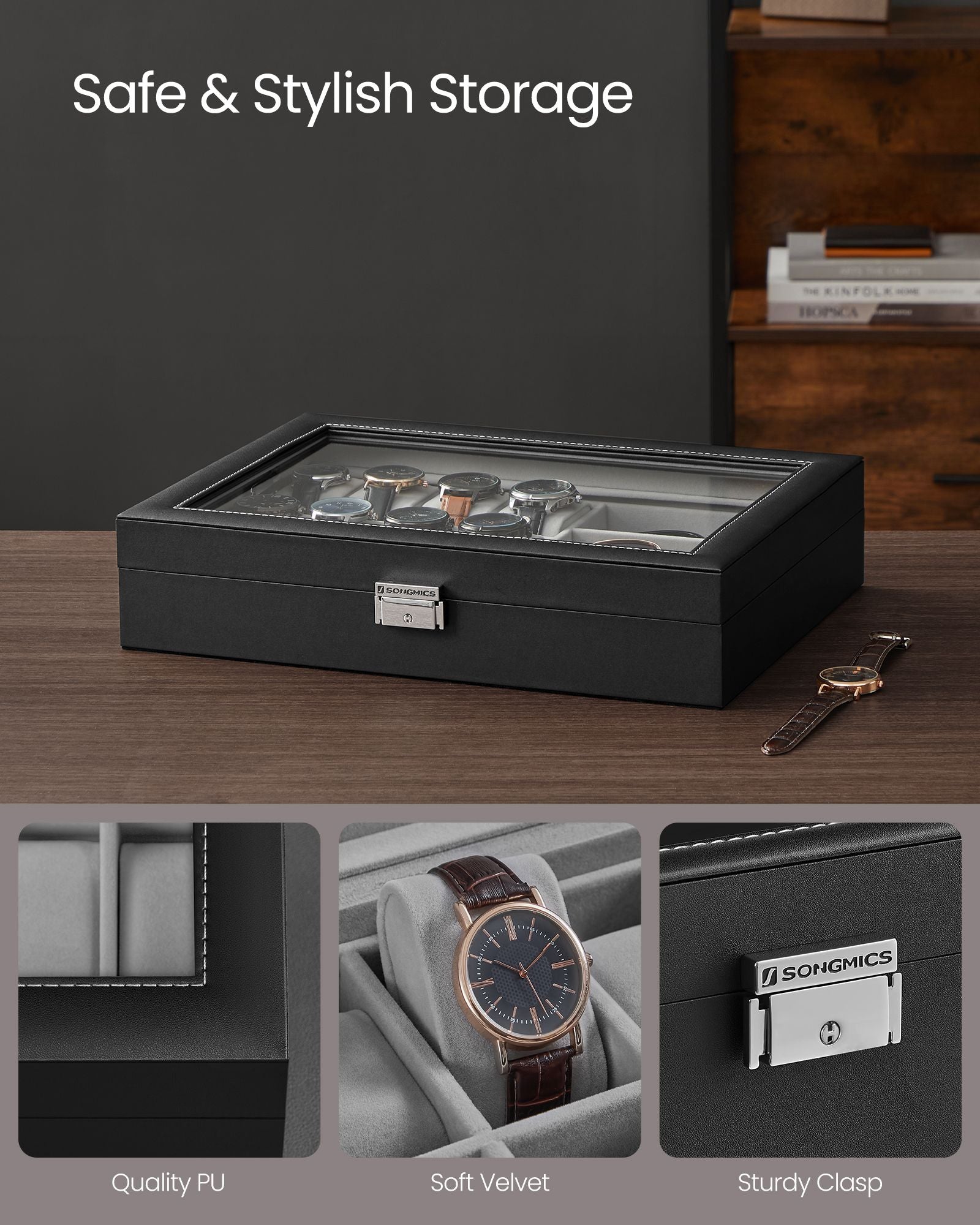 Watch Box - Synthetic Leather - Ink Black - Lockable with Glass Lid and 24 Slots