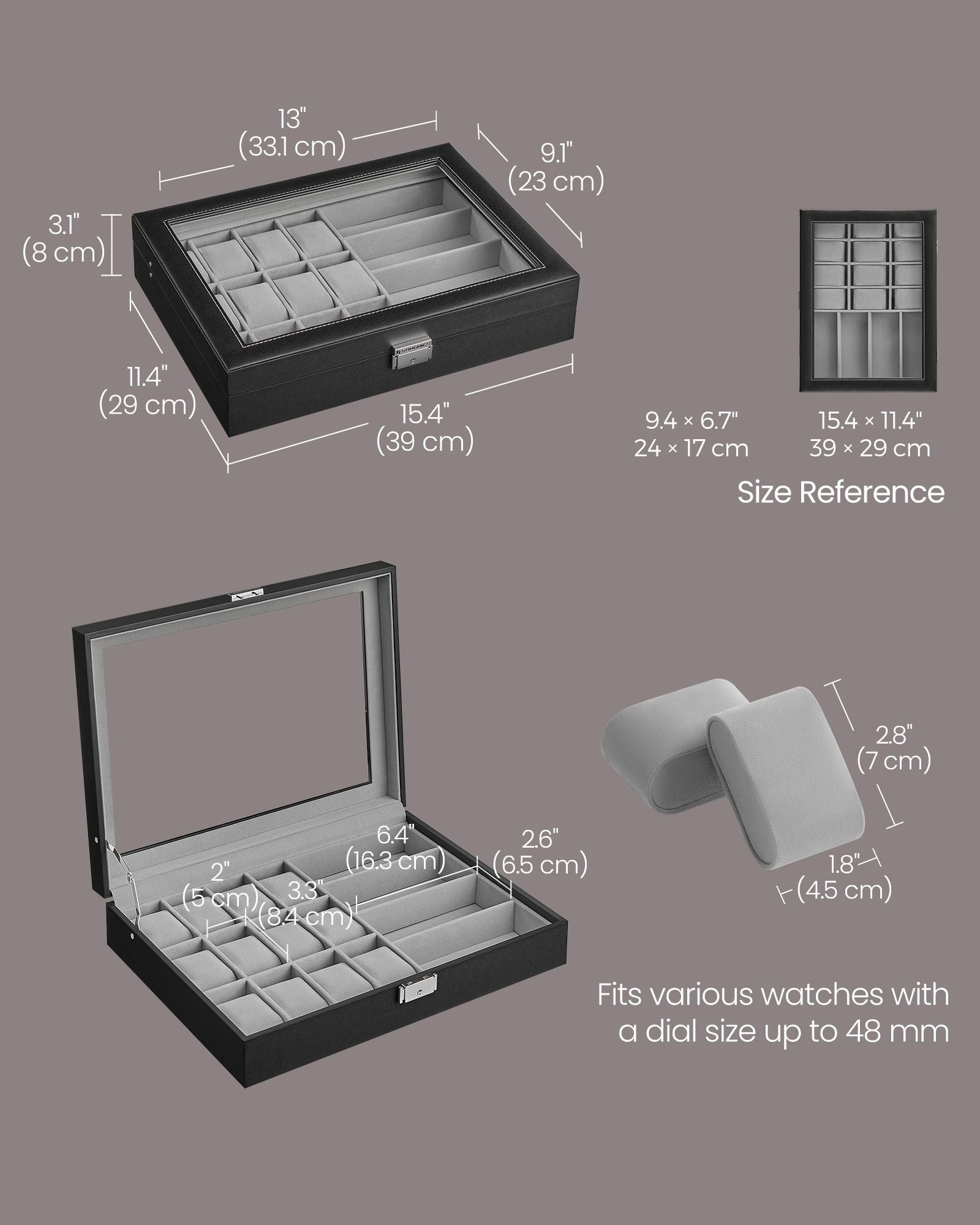 Watch Box - Synthetic Leather - Ink Black - Lockable with Glass Lid and 24 Slots